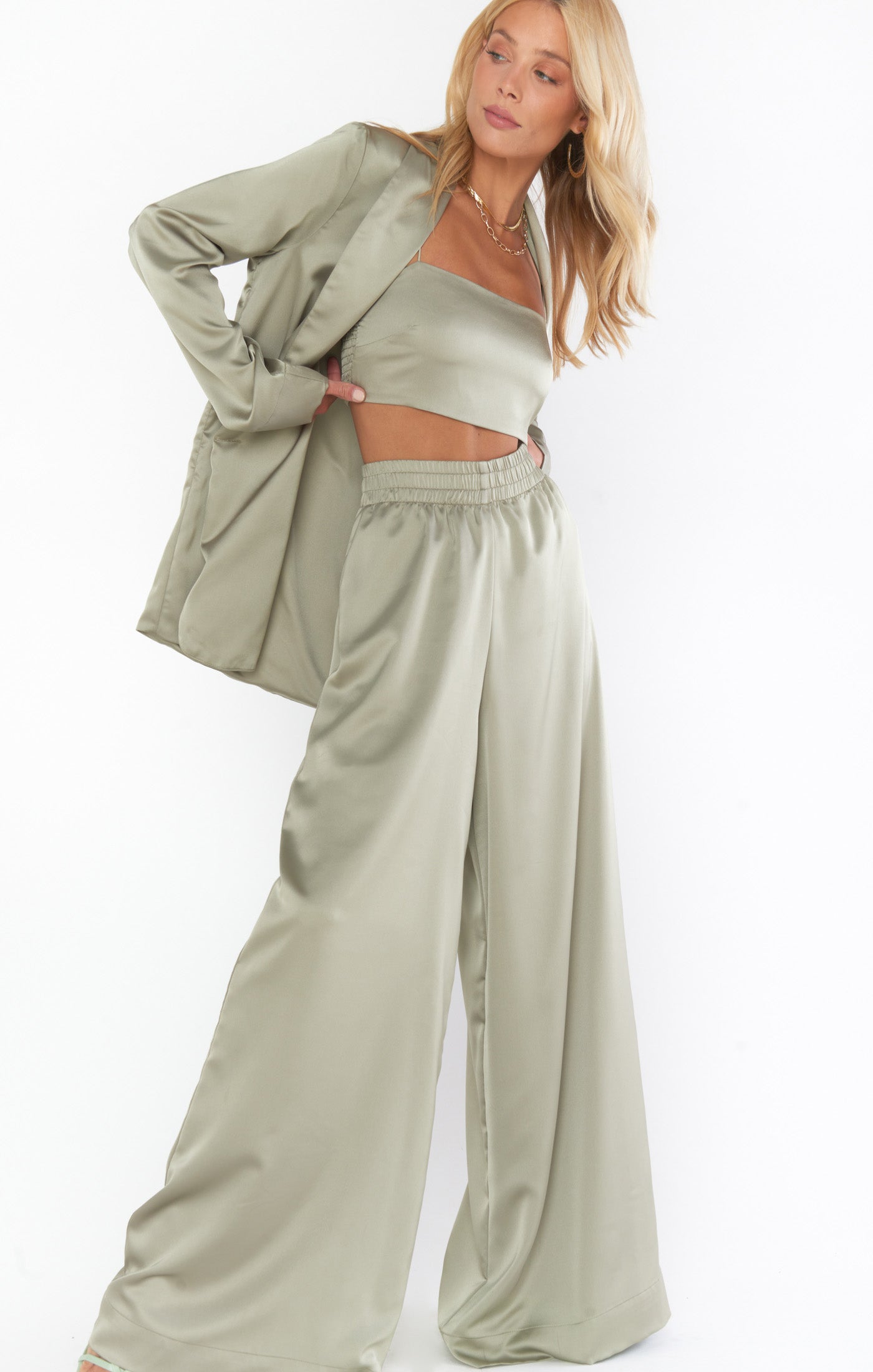 Luxe Satin Tucker Top with Smocked Back | Moss Green