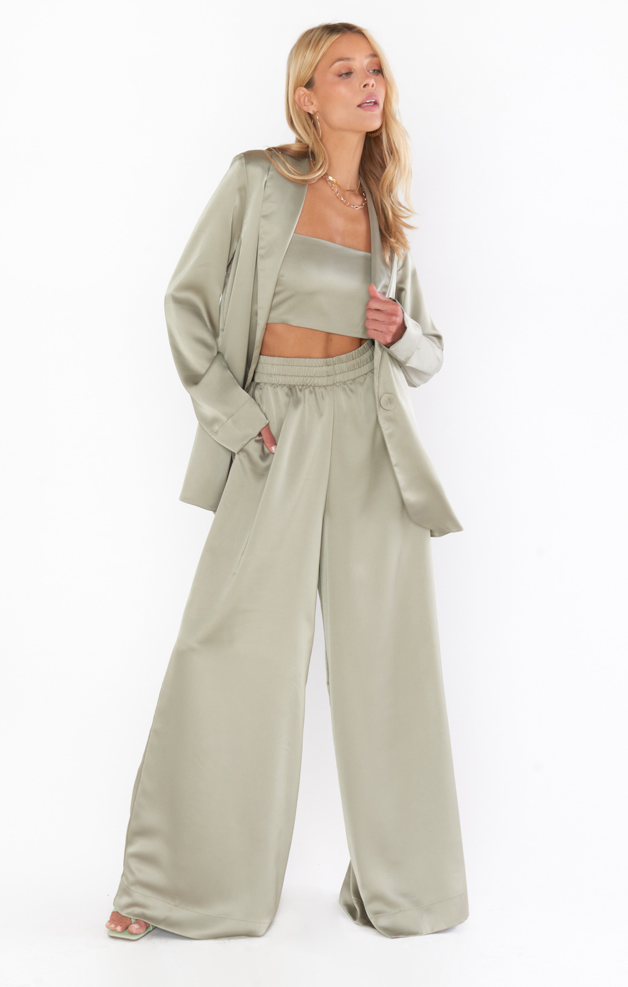 Luxe Satin Tucker Top with Smocked Back | Moss Green