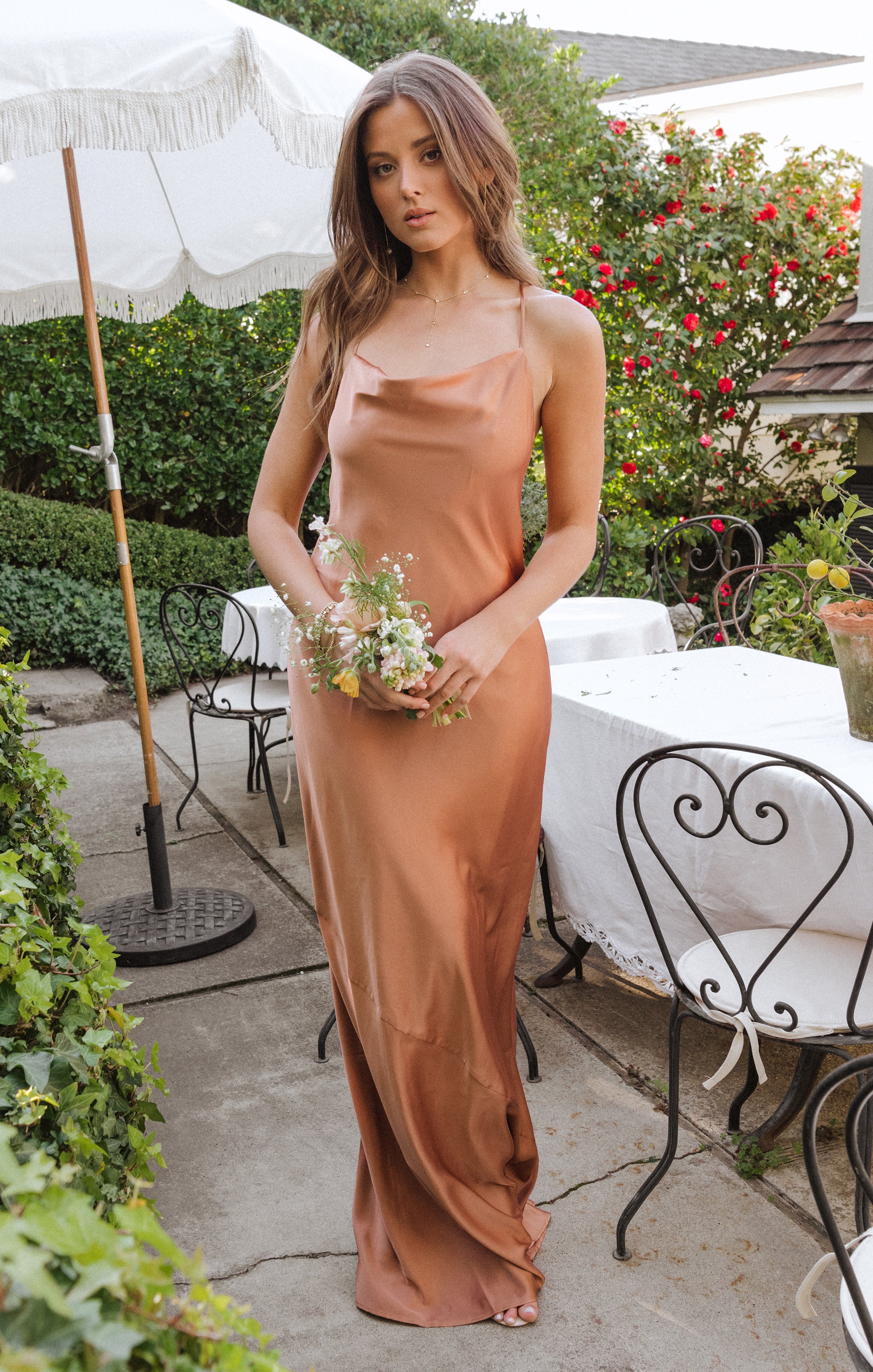Bias-Cut Maxi Slip Dress with Cowl Neck & Built-In Bra | Tuscany