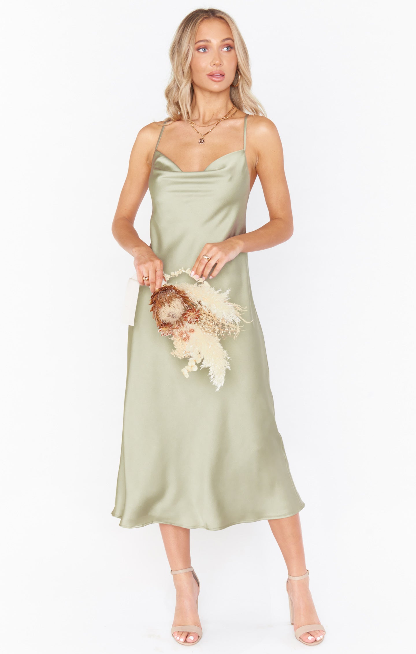 Silky Cowl Neck Dress with Adjustable Straps | Verona Moss Green