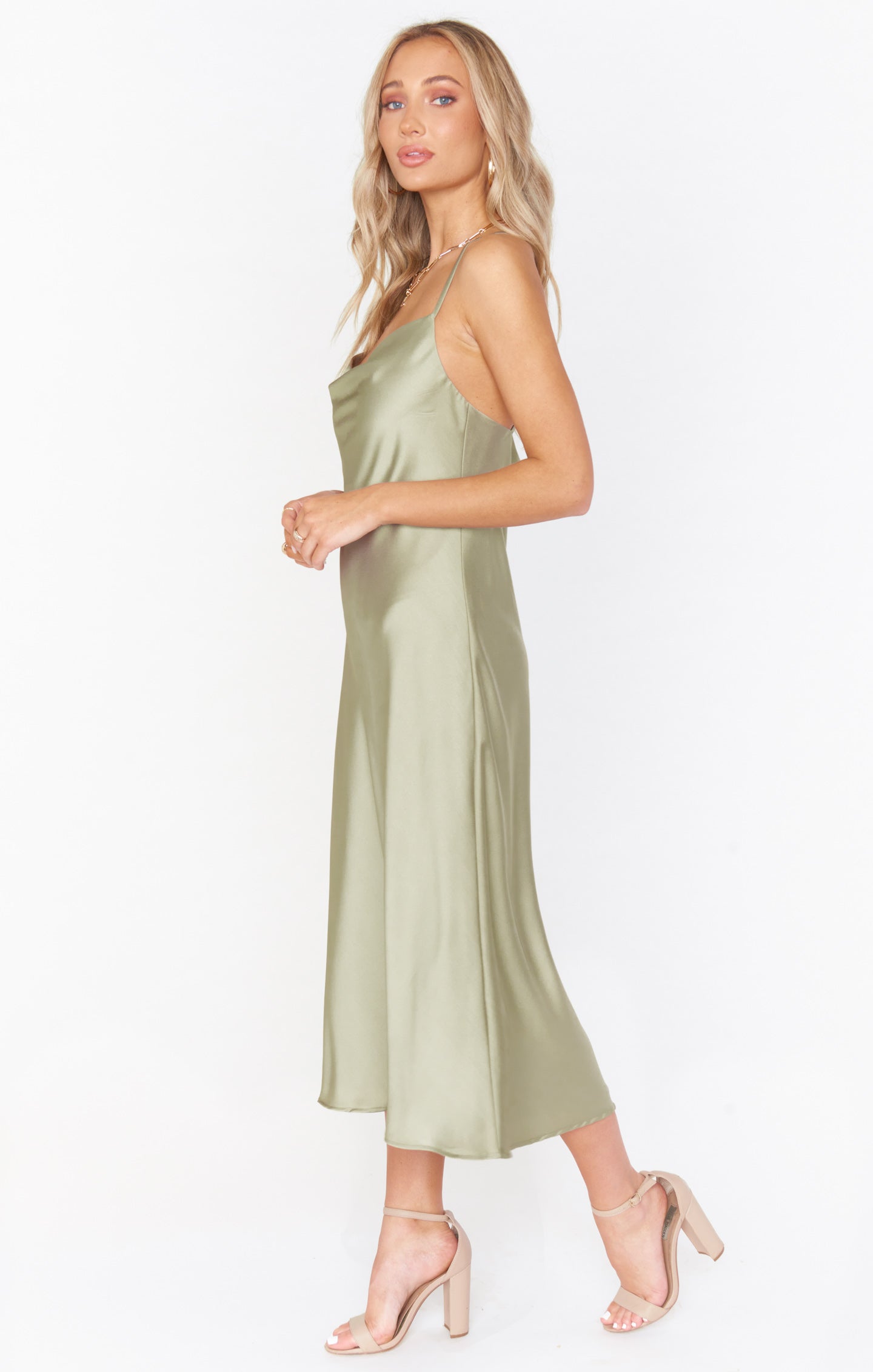 Silky Cowl Neck Dress with Adjustable Straps | Verona Moss Green