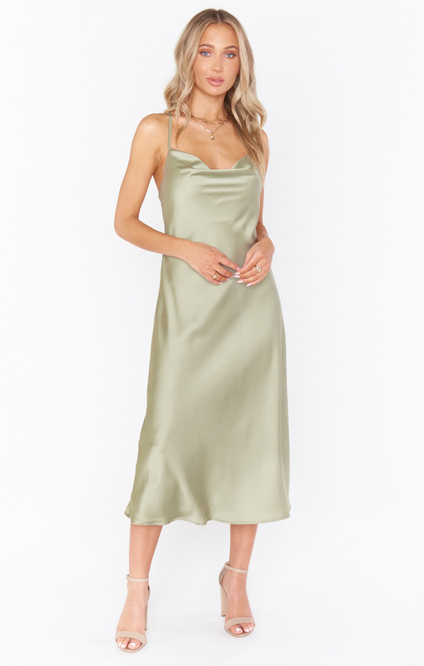 Silky Cowl Neck Dress with Adjustable Straps | Verona Moss Green