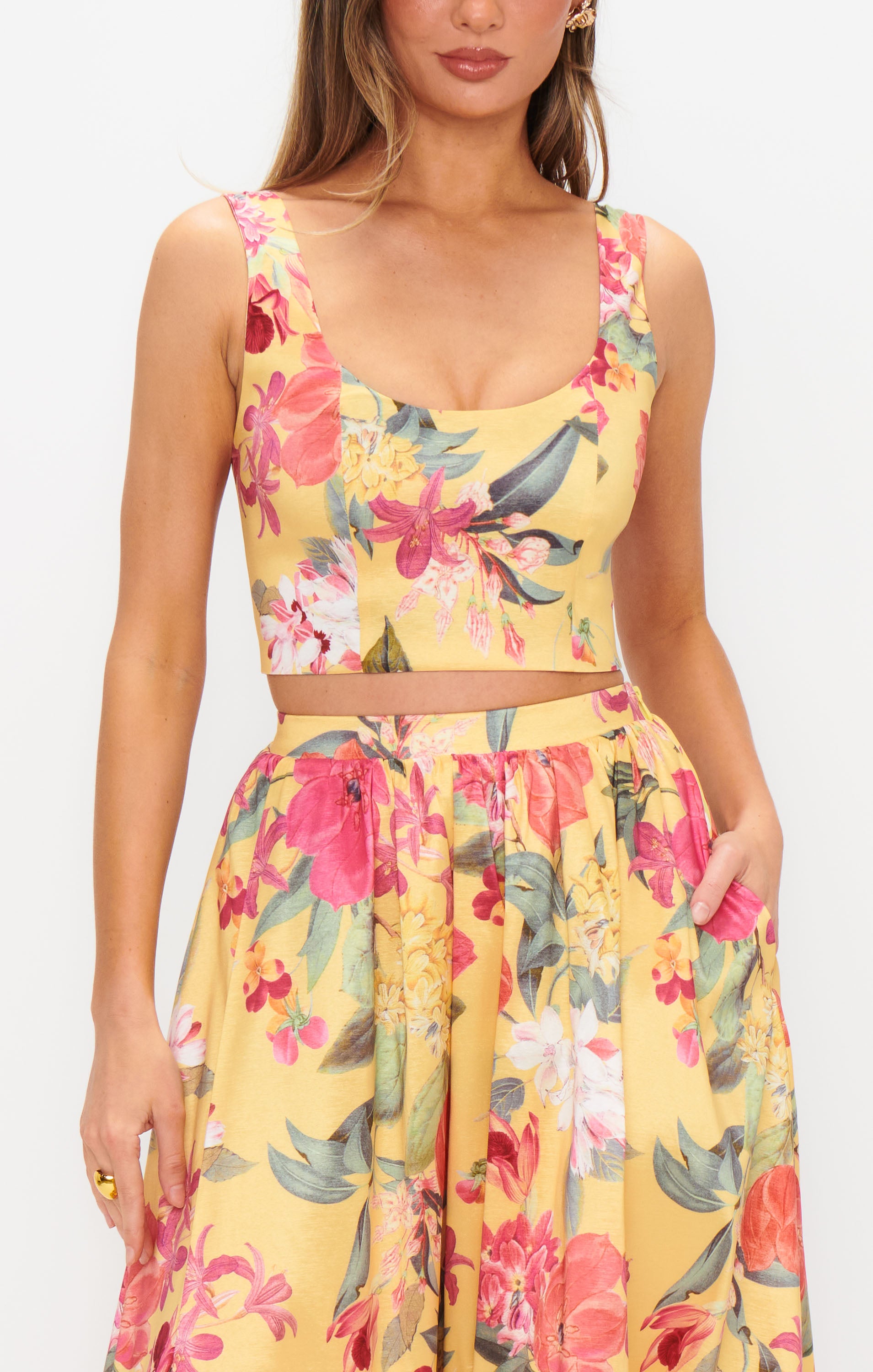 Yellow Floral Taffeta Top with Scoop Neck | Vivianna