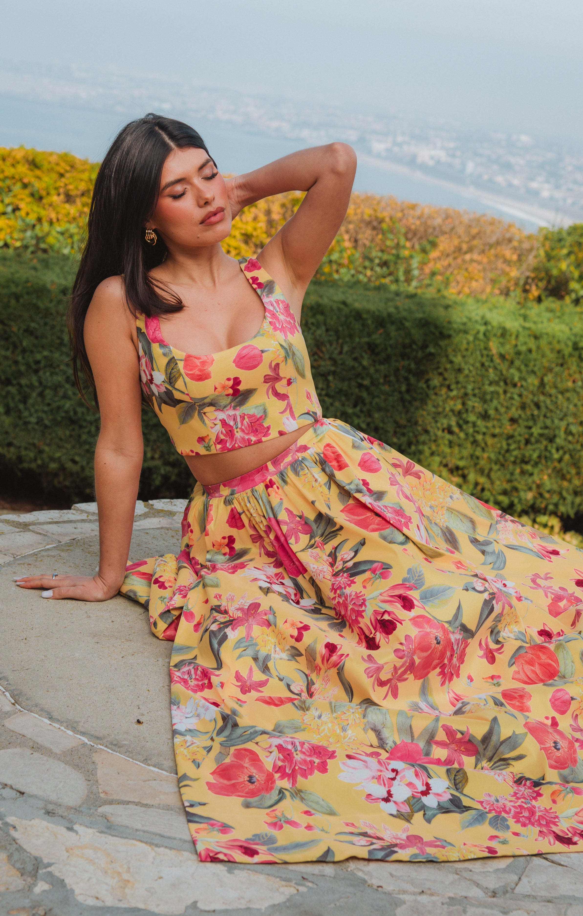 Yellow Floral Taffeta Top with Scoop Neck | Vivianna