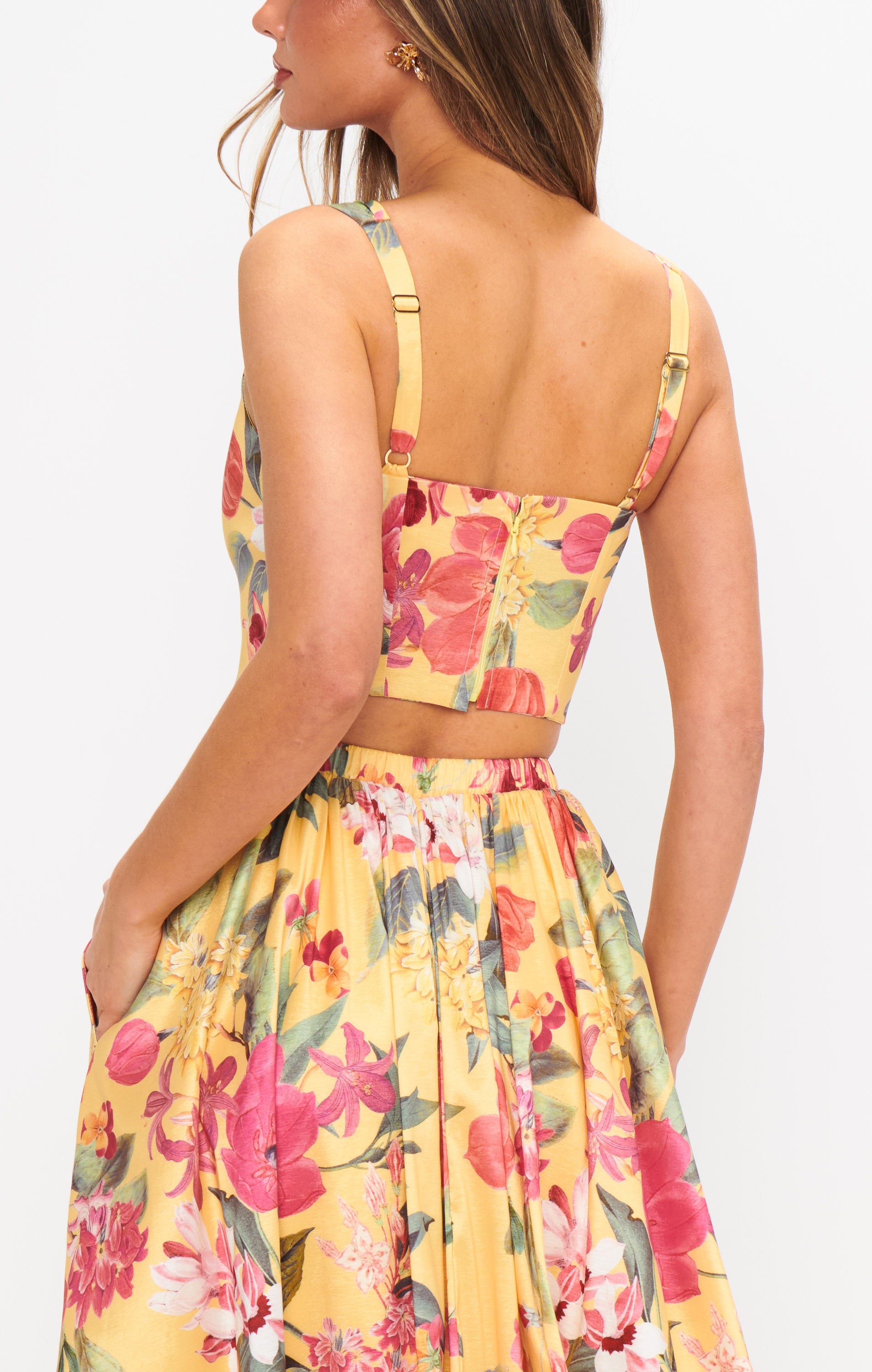 Yellow Floral Taffeta Top with Scoop Neck | Vivianna
