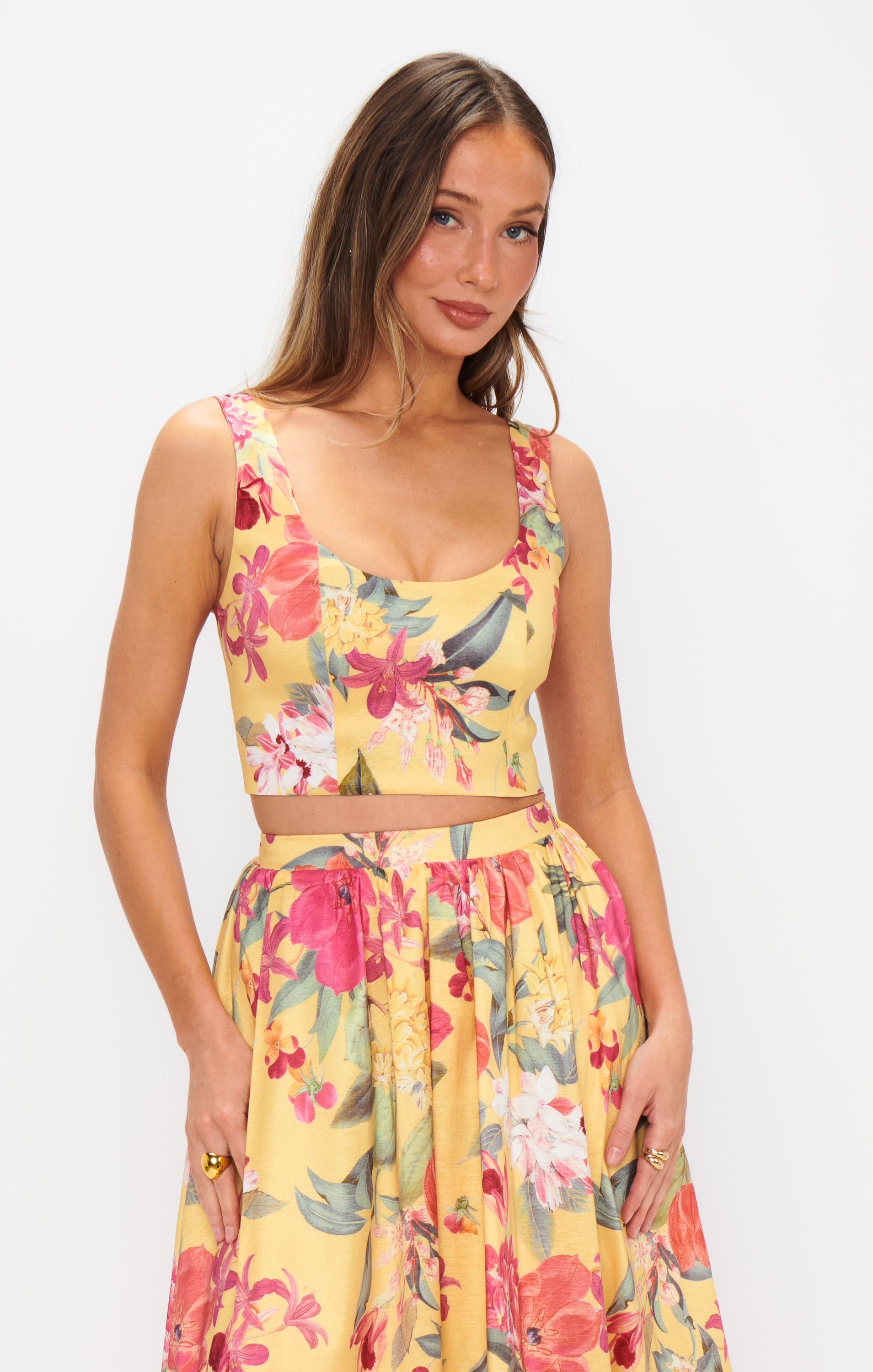 Yellow Floral Taffeta Top with Scoop Neck | Vivianna
