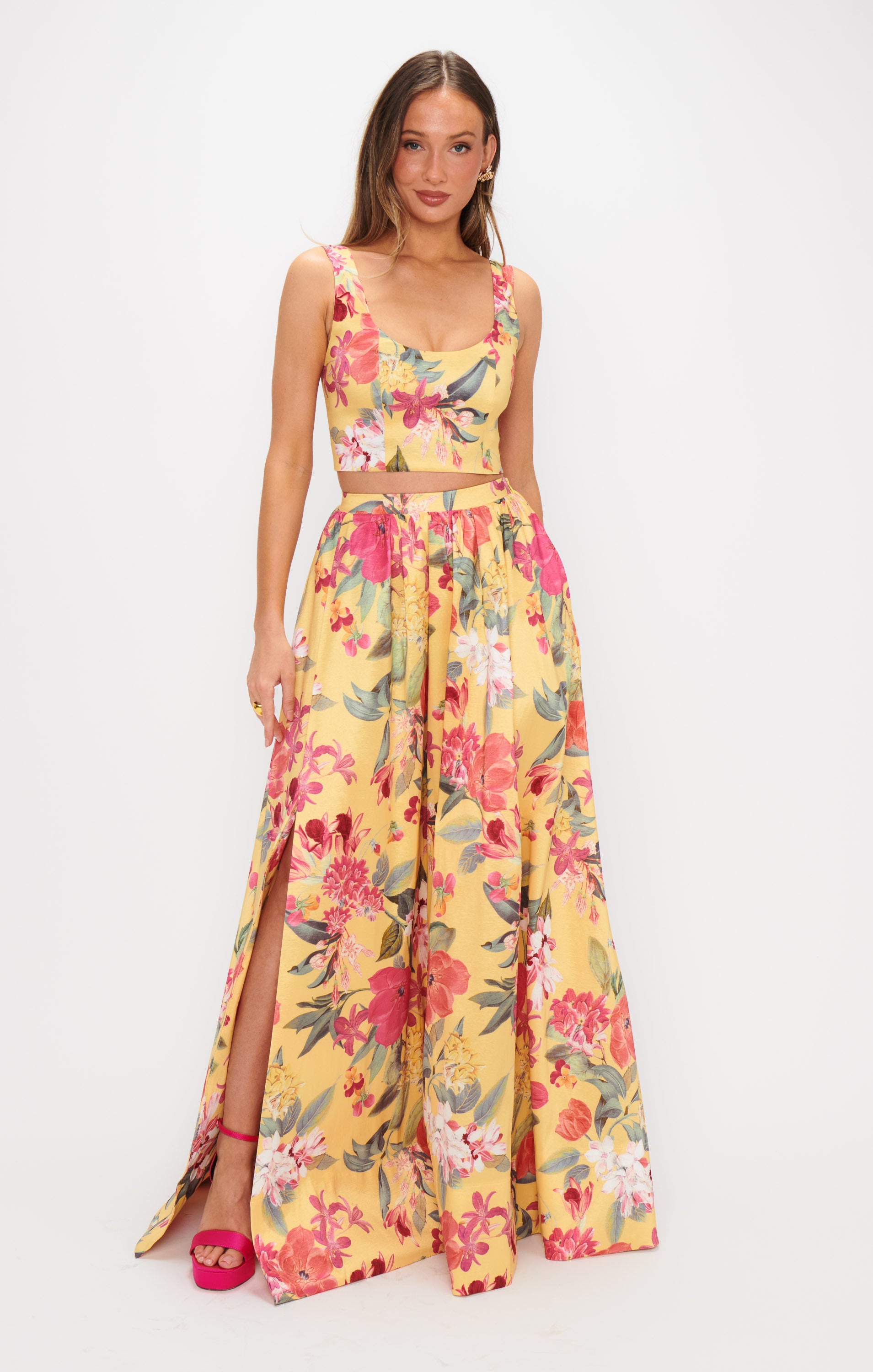 Yellow Floral Taffeta Top with Scoop Neck | Vivianna