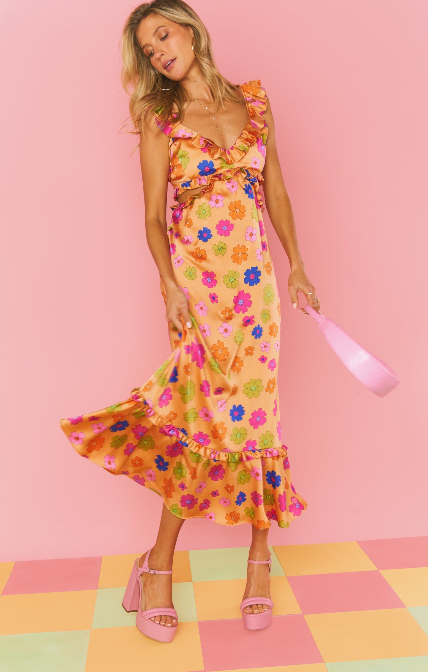 Poppin' Poppy Midi Dress with Ruffled Straps & Side Cutouts | Lane
