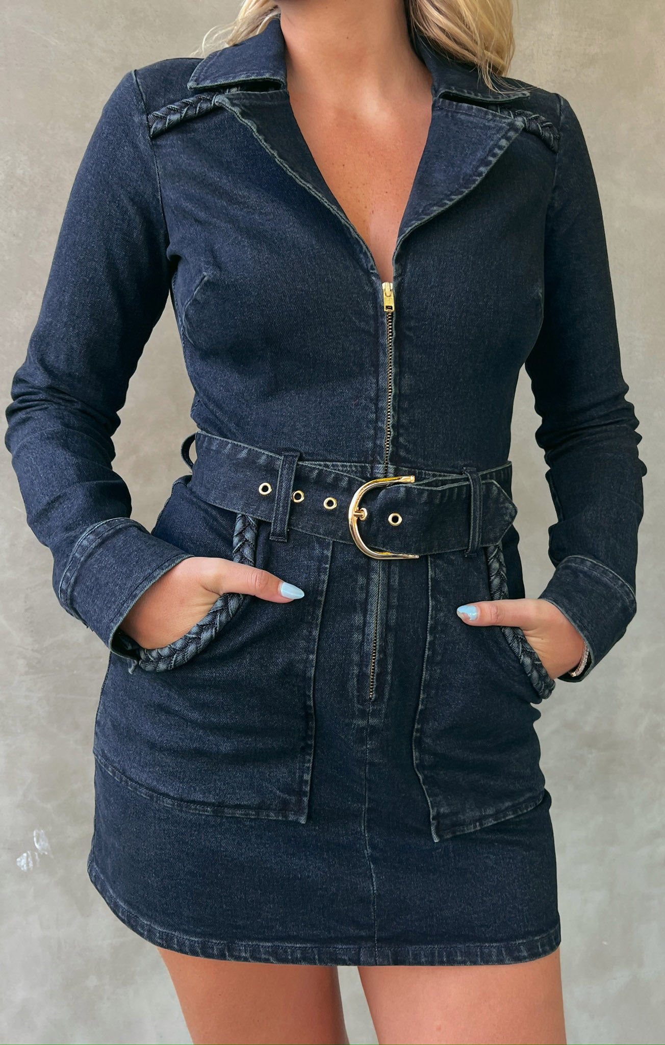 Denim Mini Dress with Front Zip & Cargo Pockets | Outlaw Thunder