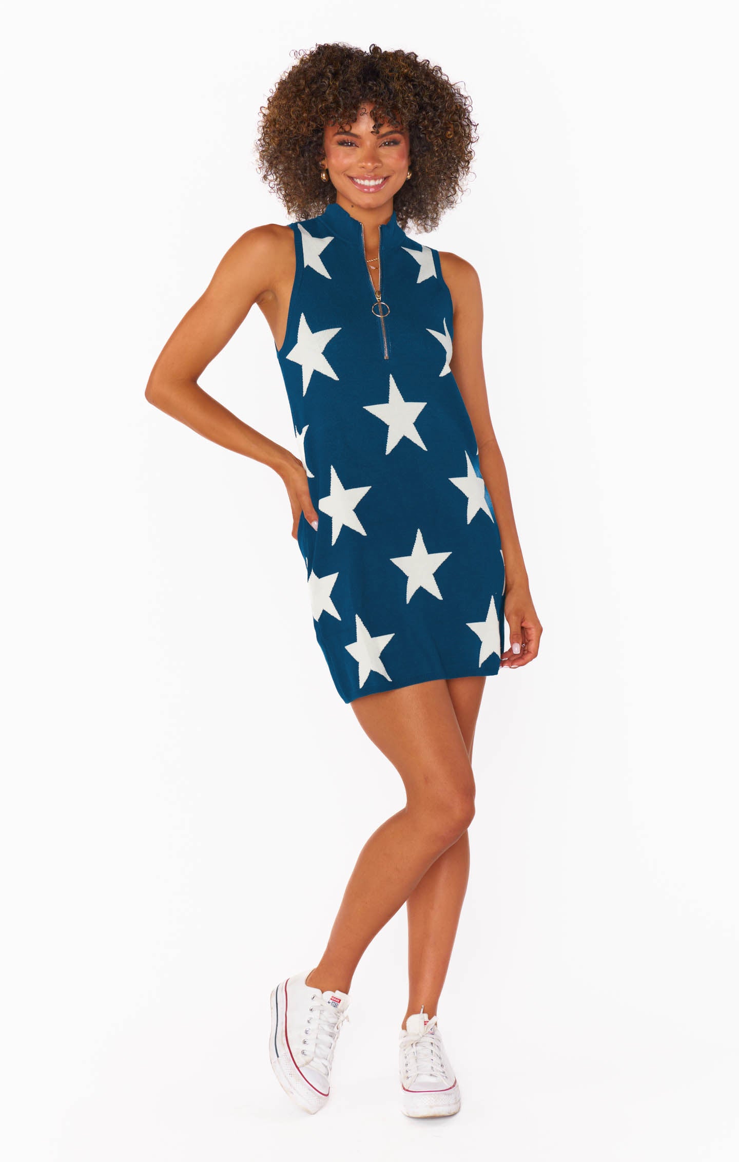 Star Print Zip-Up Mini Dress for Summer | Zoe Navy Knit