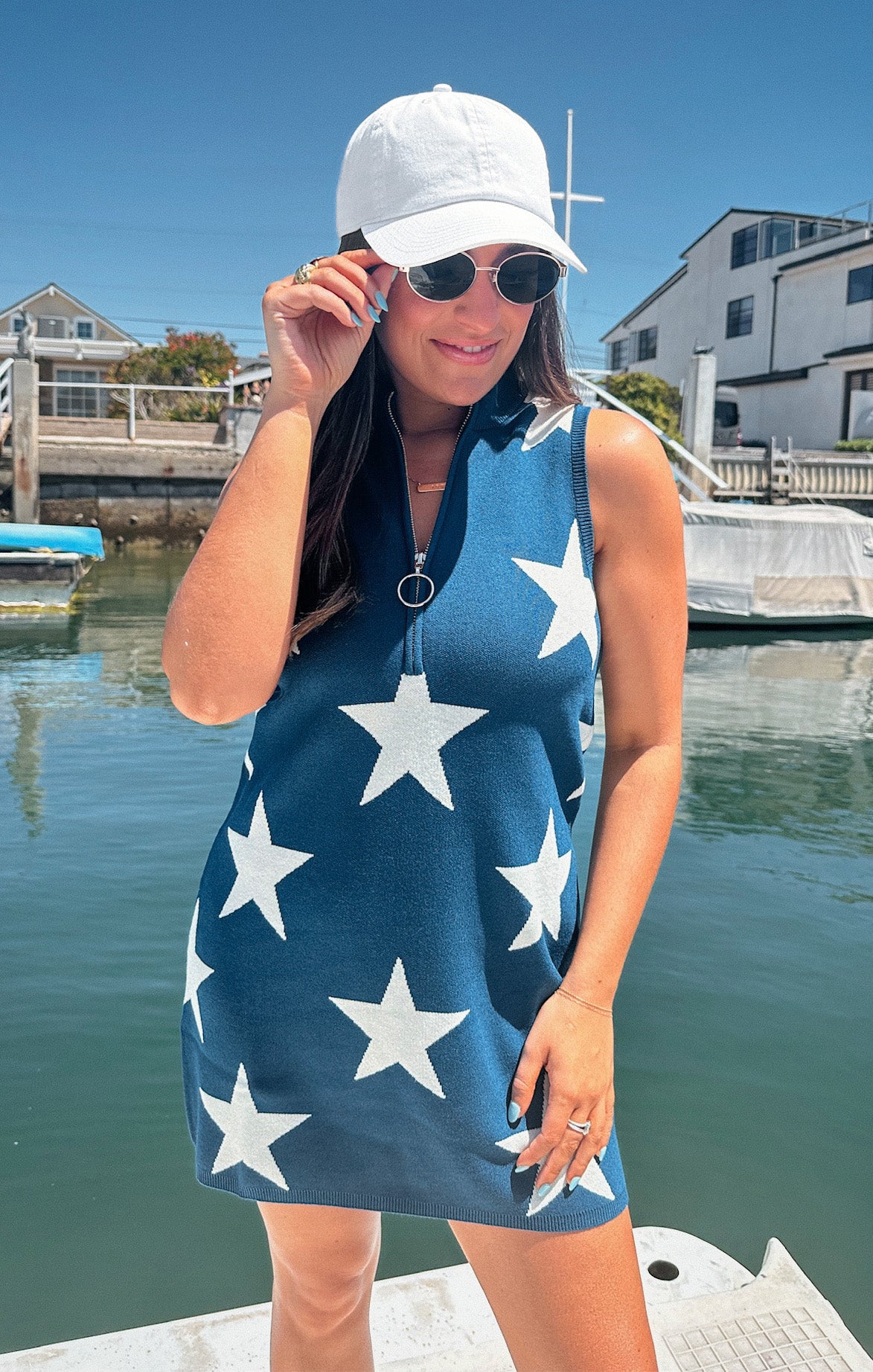 Star Print Zip-Up Mini Dress for Summer | Zoe Navy Knit