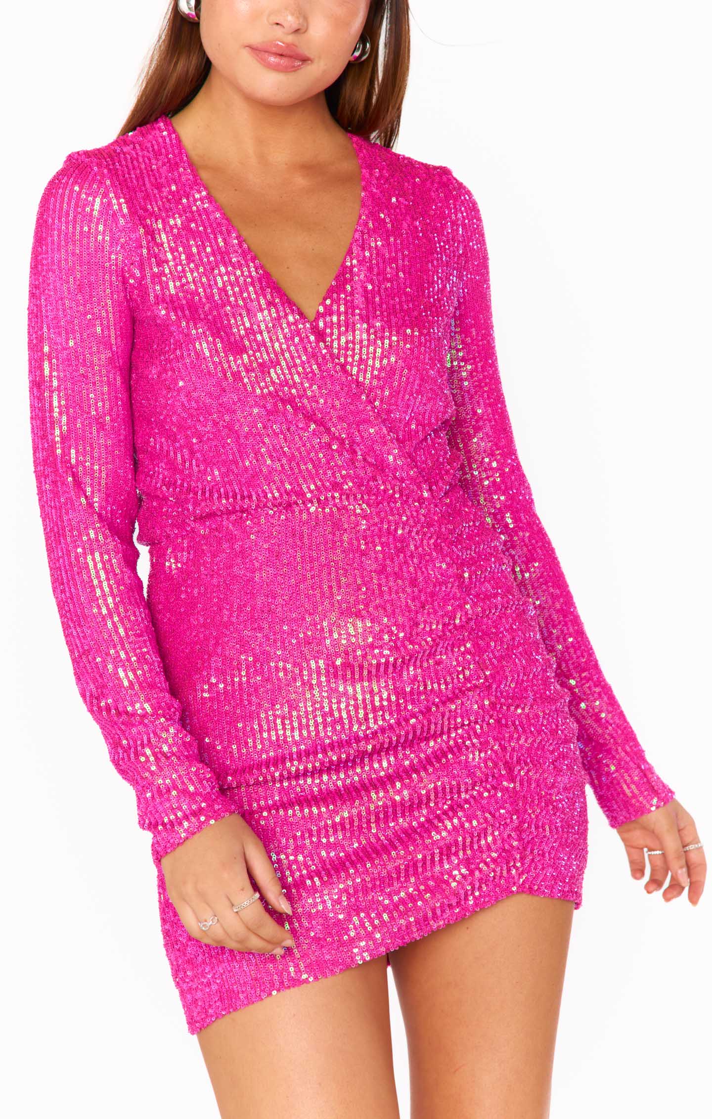 Pink Sequin Mini Party Dress | Long Sleeve & Ruched Design