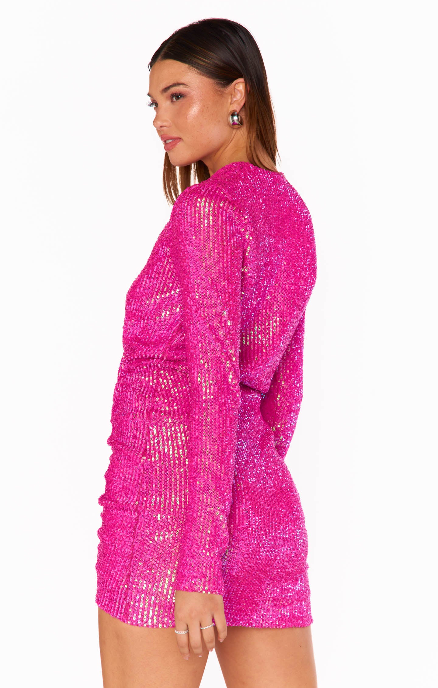 Pink Sequin Mini Party Dress | Long Sleeve & Ruched Design