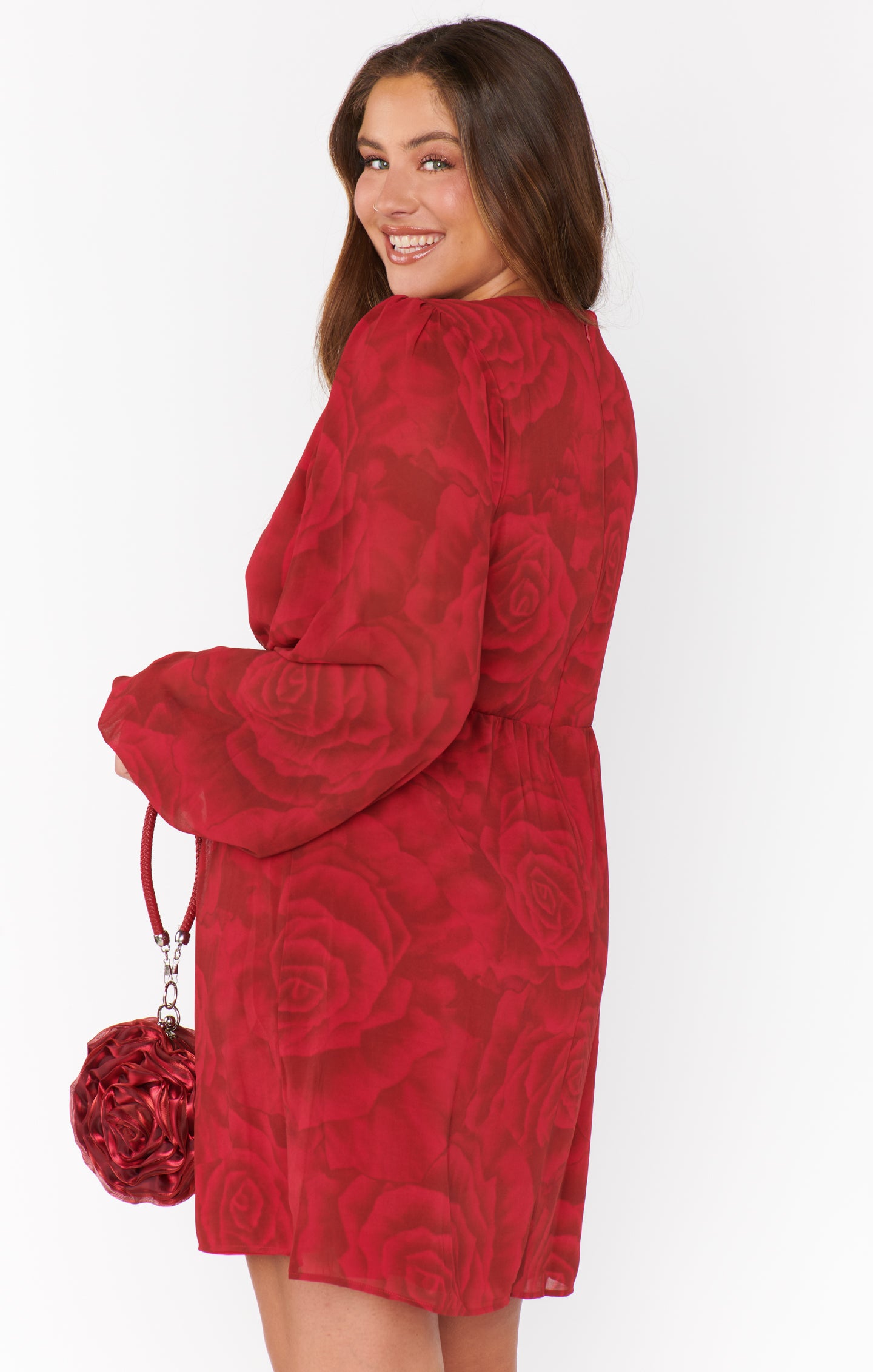 Dark Red Mini Dress with Long Bubble Sleeves & Rose Accent | Rosetta