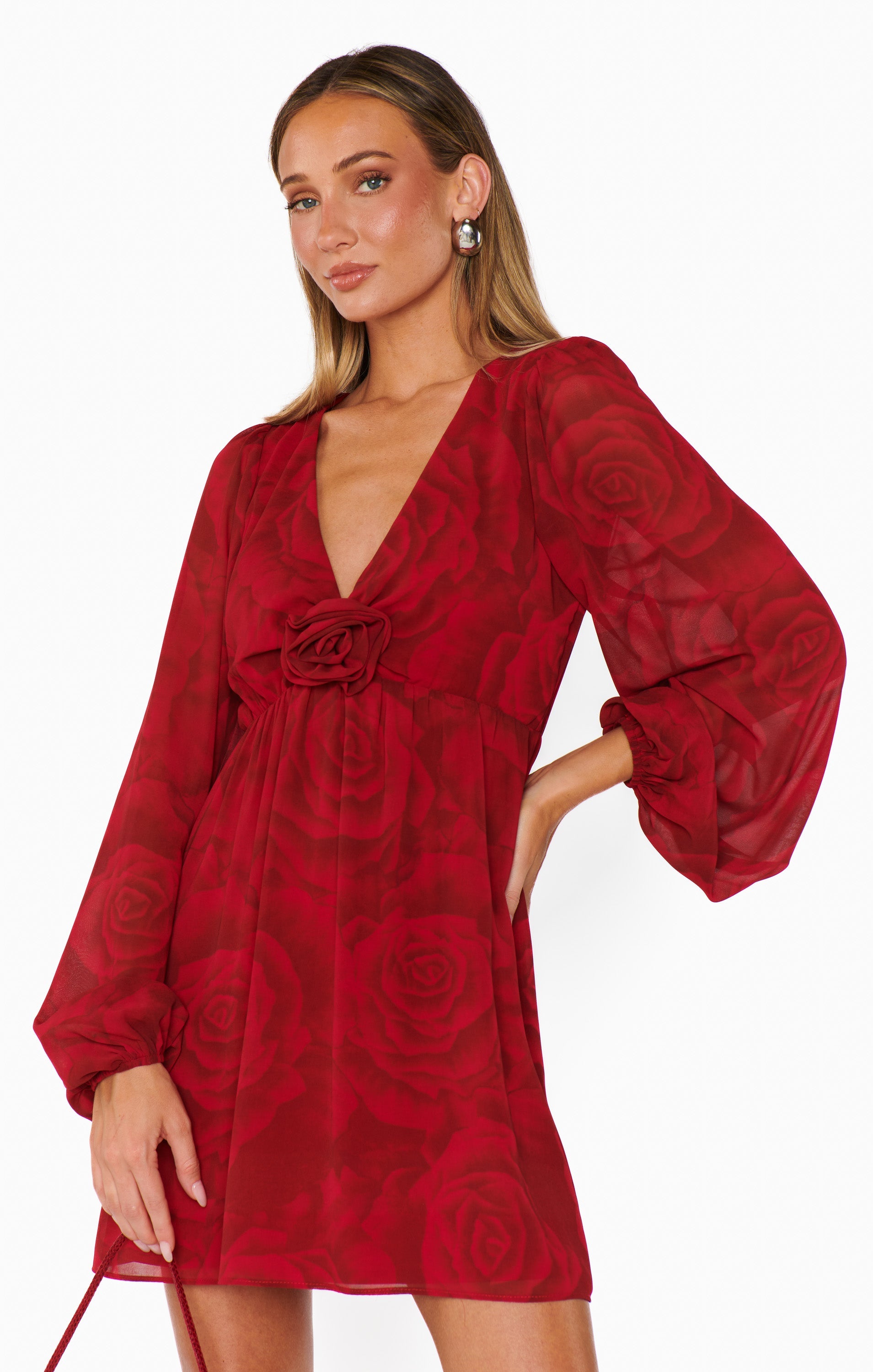 Dark Red Mini Dress with Long Bubble Sleeves & Rose Accent | Rosetta