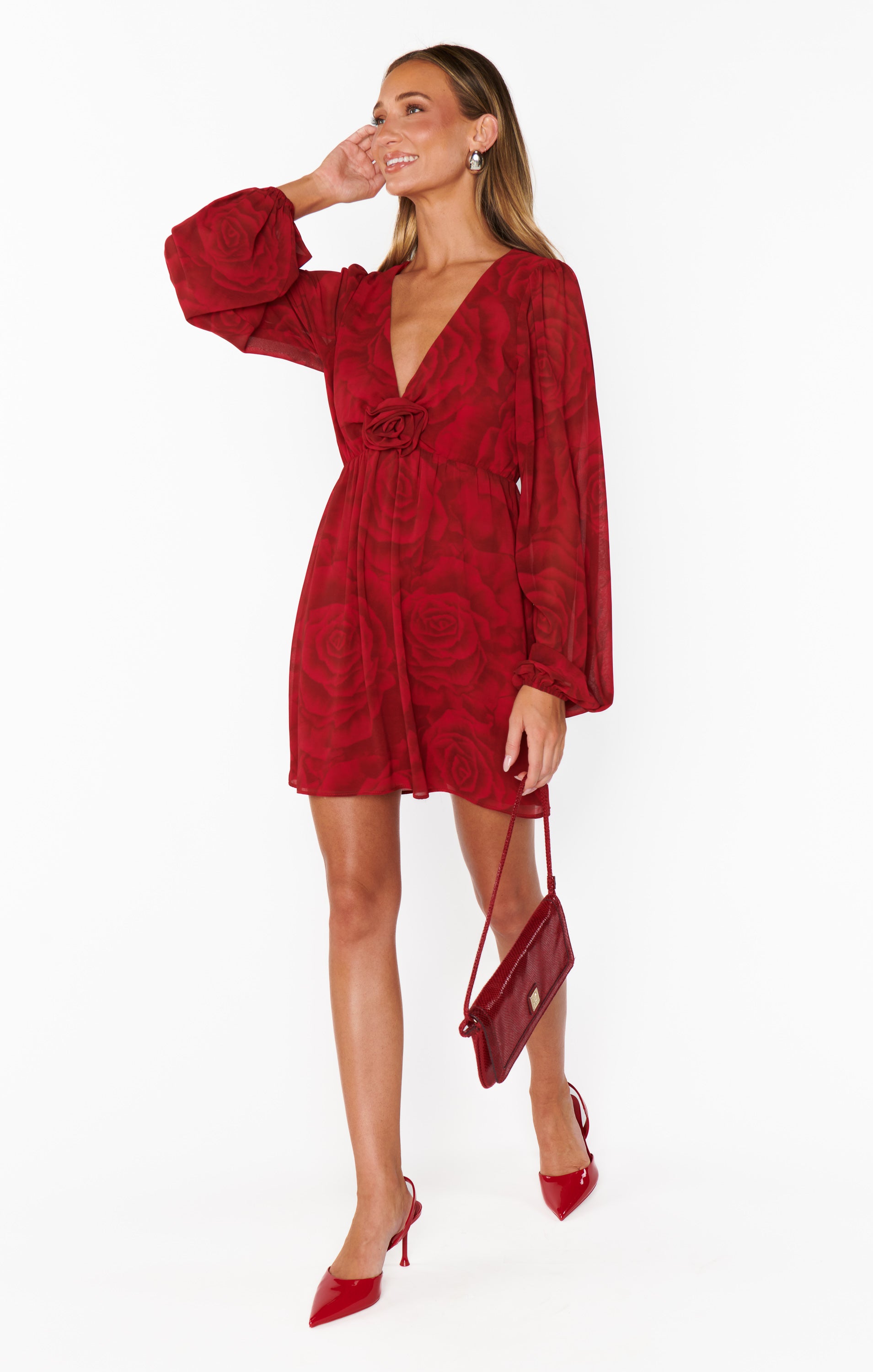 Dark Red Mini Dress with Long Bubble Sleeves & Rose Accent | Rosetta