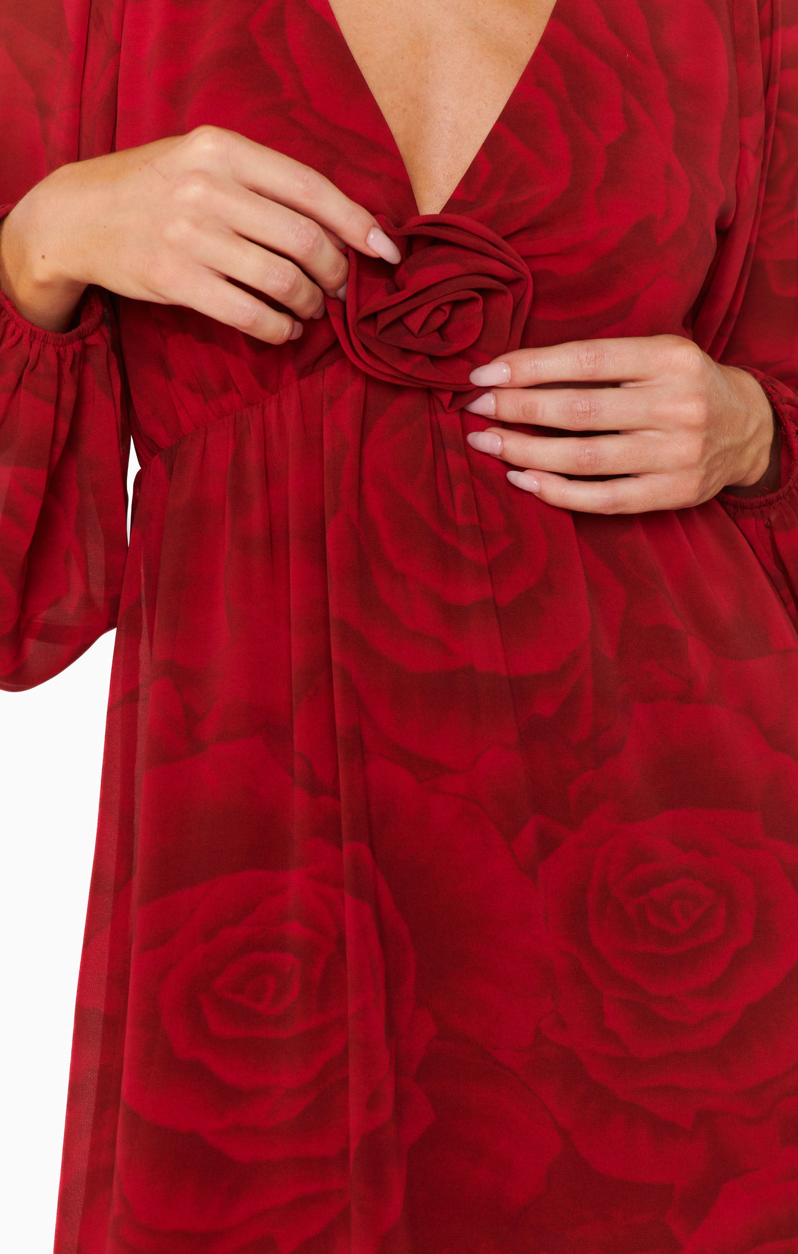 Dark Red Mini Dress with Long Bubble Sleeves & Rose Accent | Rosetta