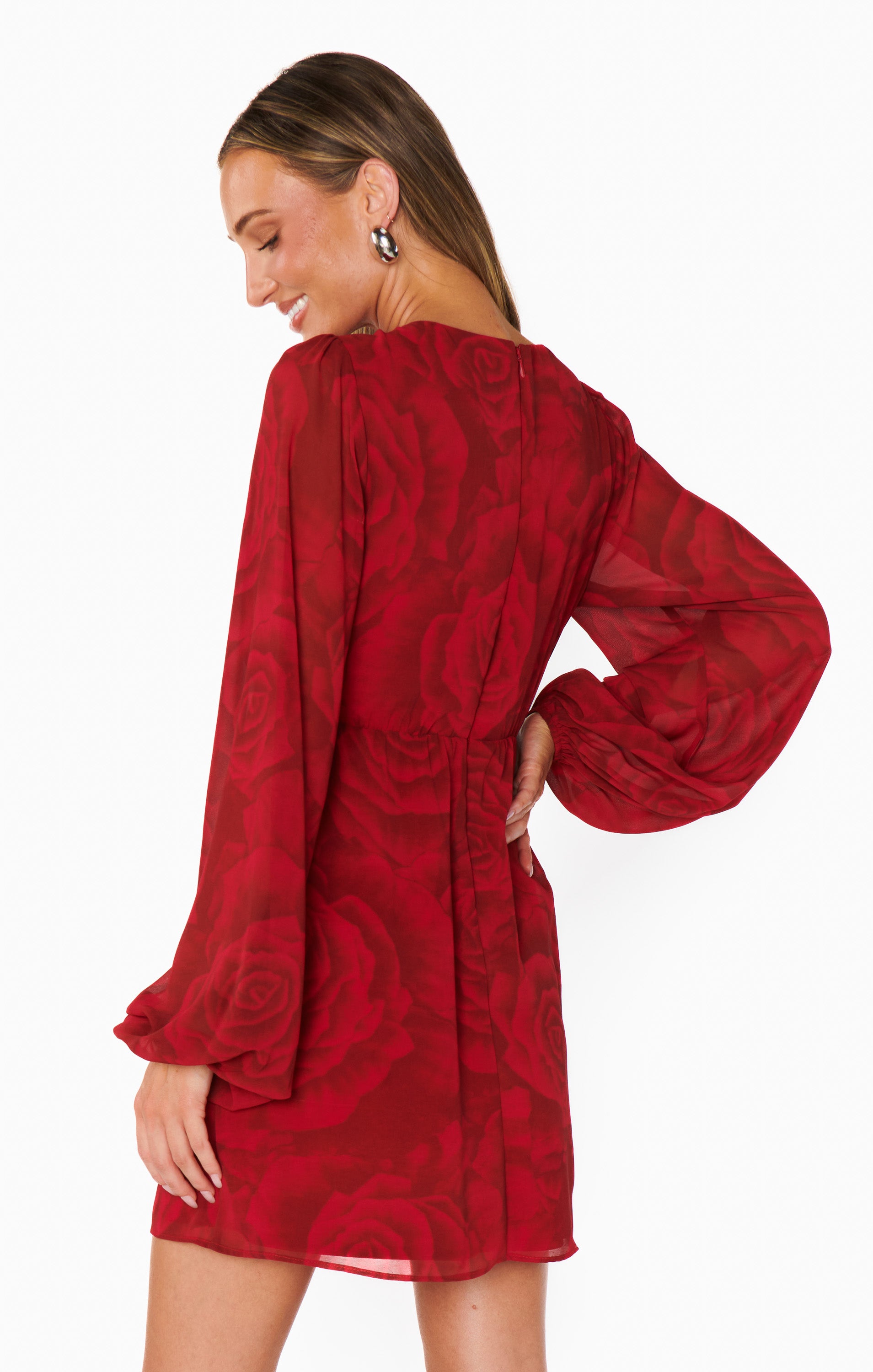 Dark Red Mini Dress with Long Bubble Sleeves & Rose Accent | Rosetta