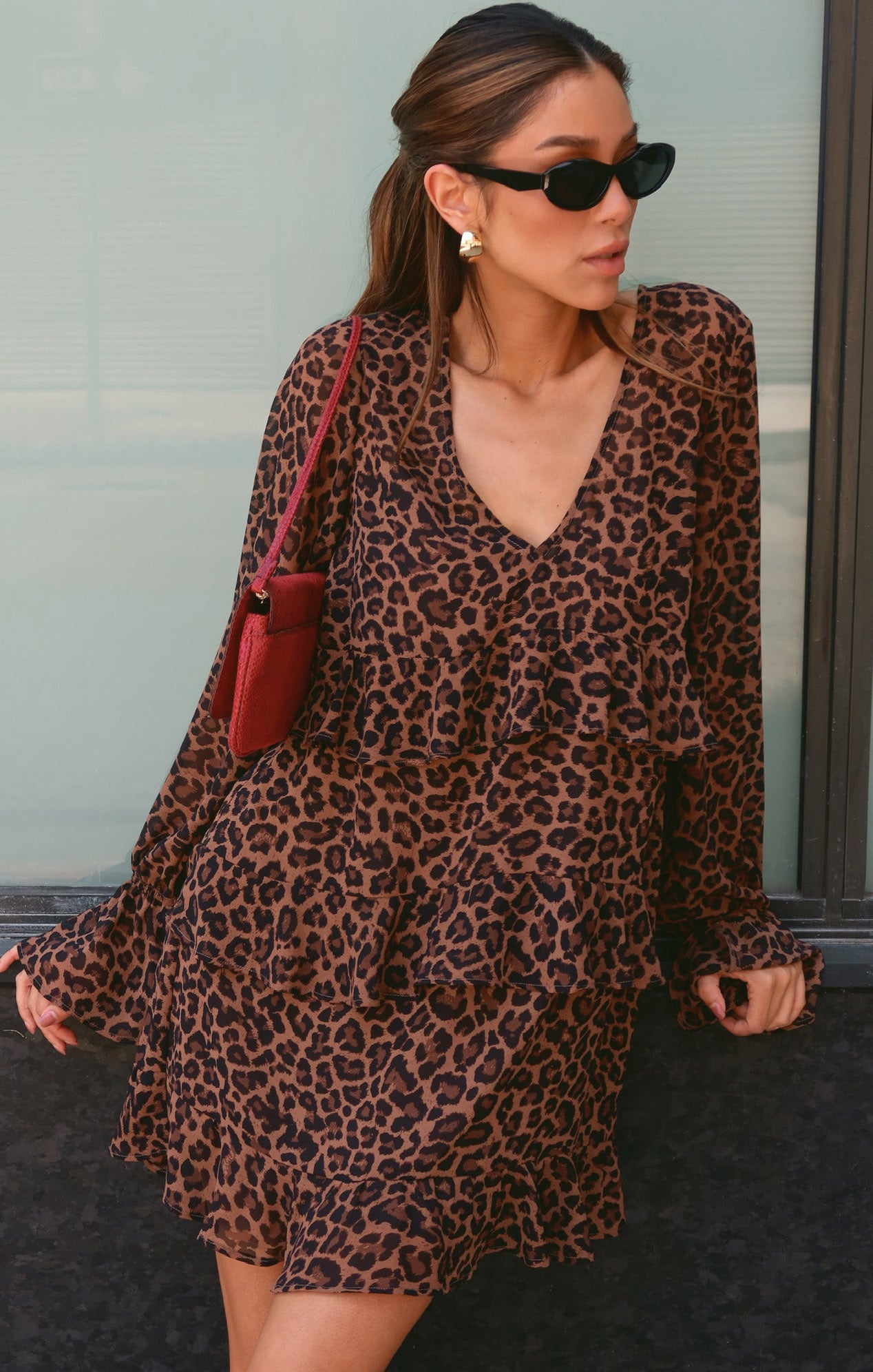 Flirty V-Neck Mini Dress with Ruffled Tiers | Fleetwood Leopard Latte