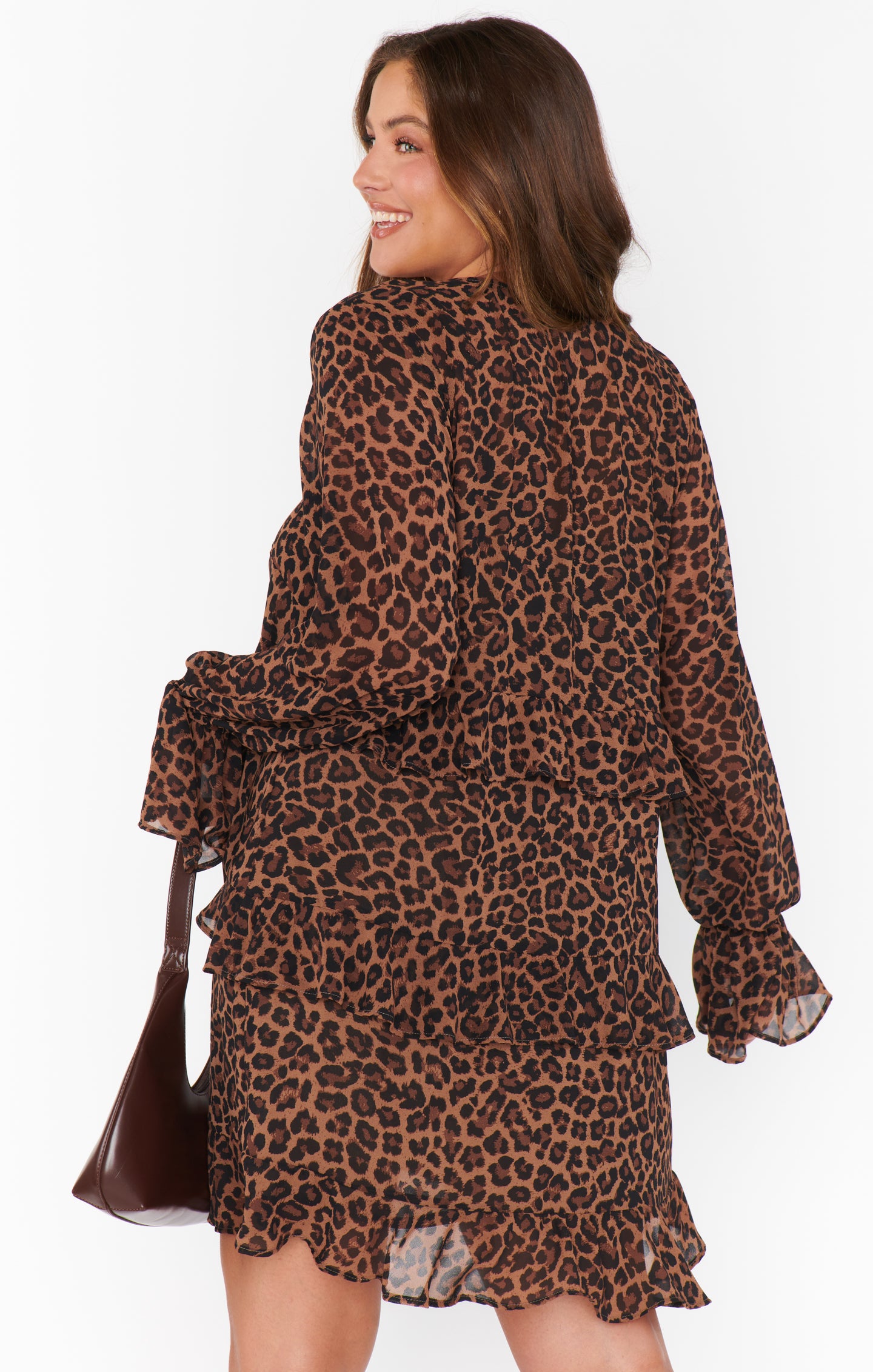 Flirty V-Neck Mini Dress with Ruffled Tiers | Fleetwood Leopard Latte
