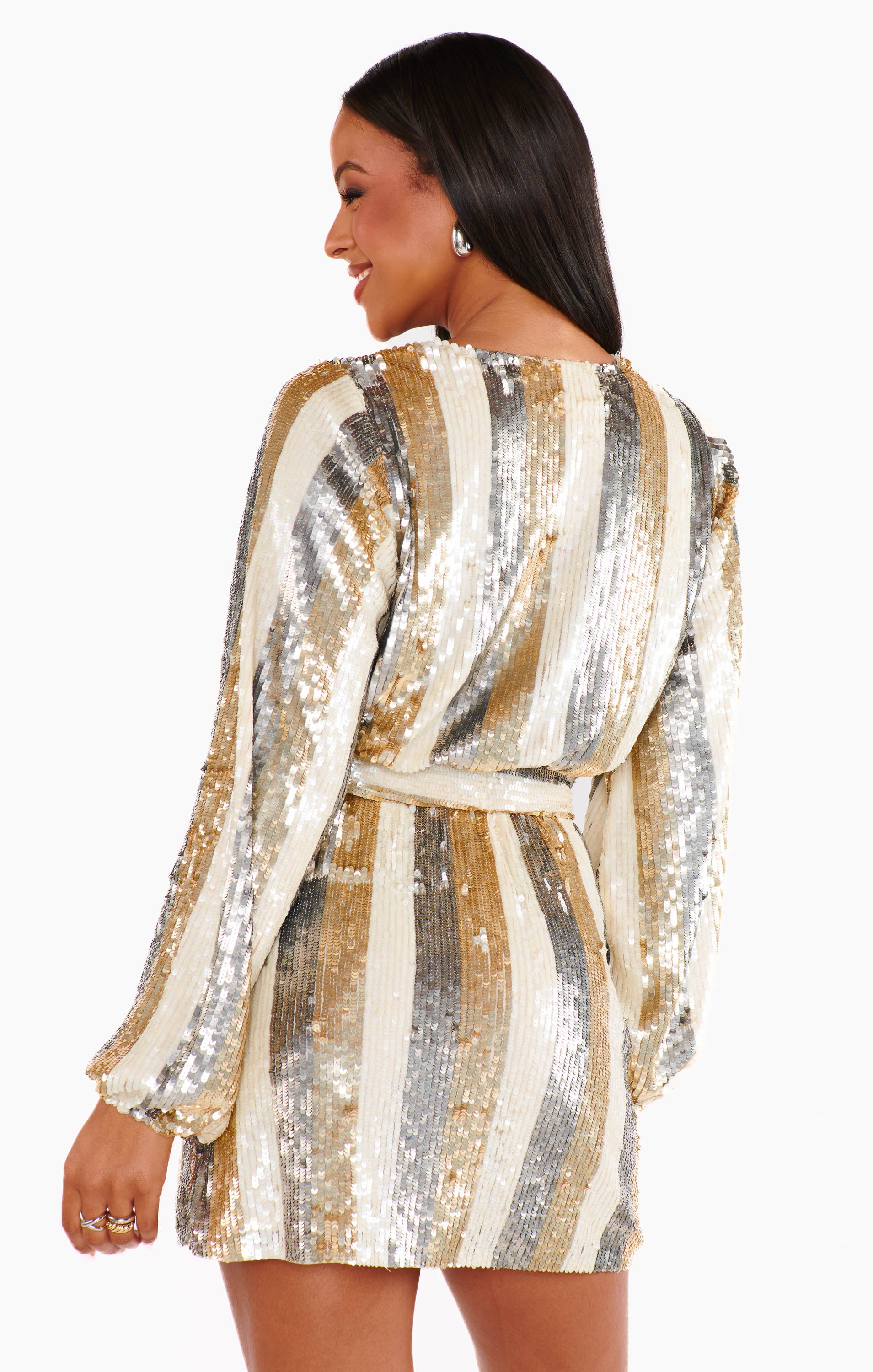 Champagne Sequin Mini Dress with Elastic Waist & Bubble Sleeves | Wear Me Out