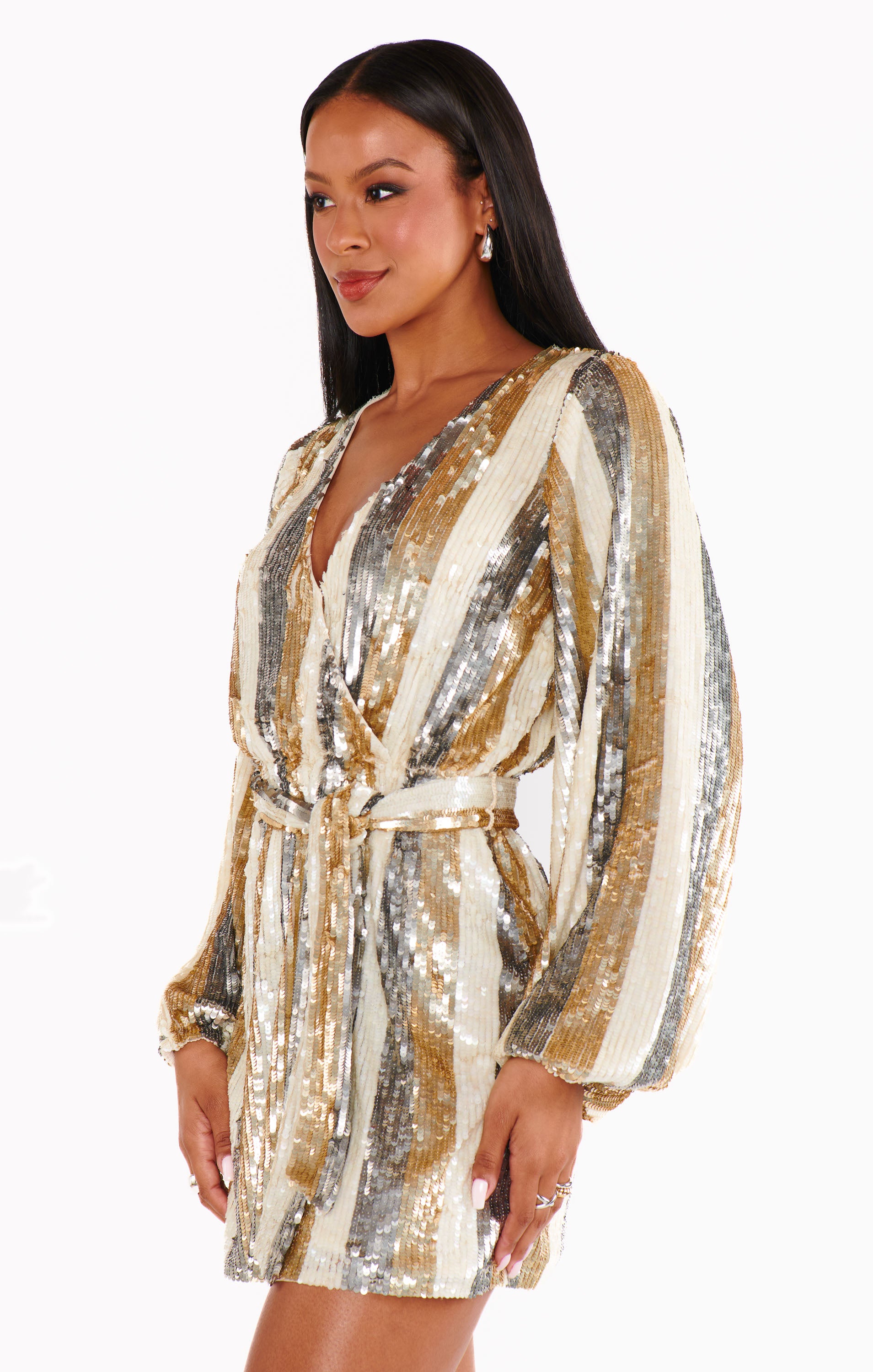 Champagne Sequin Mini Dress with Elastic Waist & Bubble Sleeves | Wear Me Out