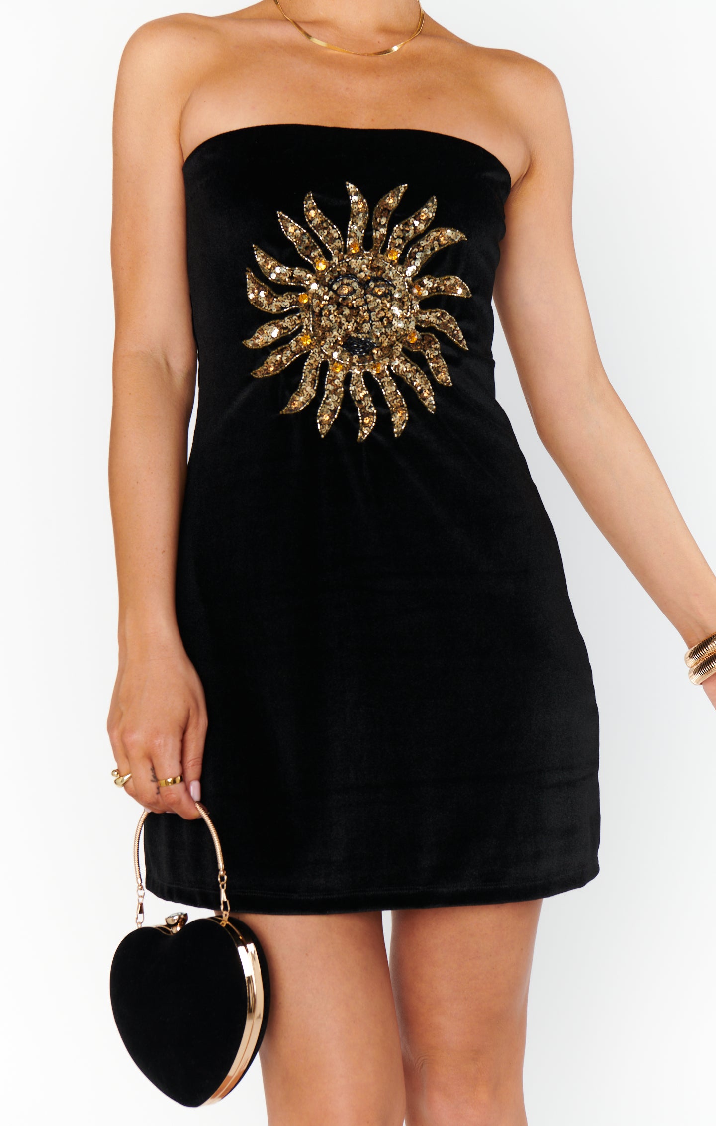 Strapless Velvet Mini Dress with Sequin Sun Design | On My Way