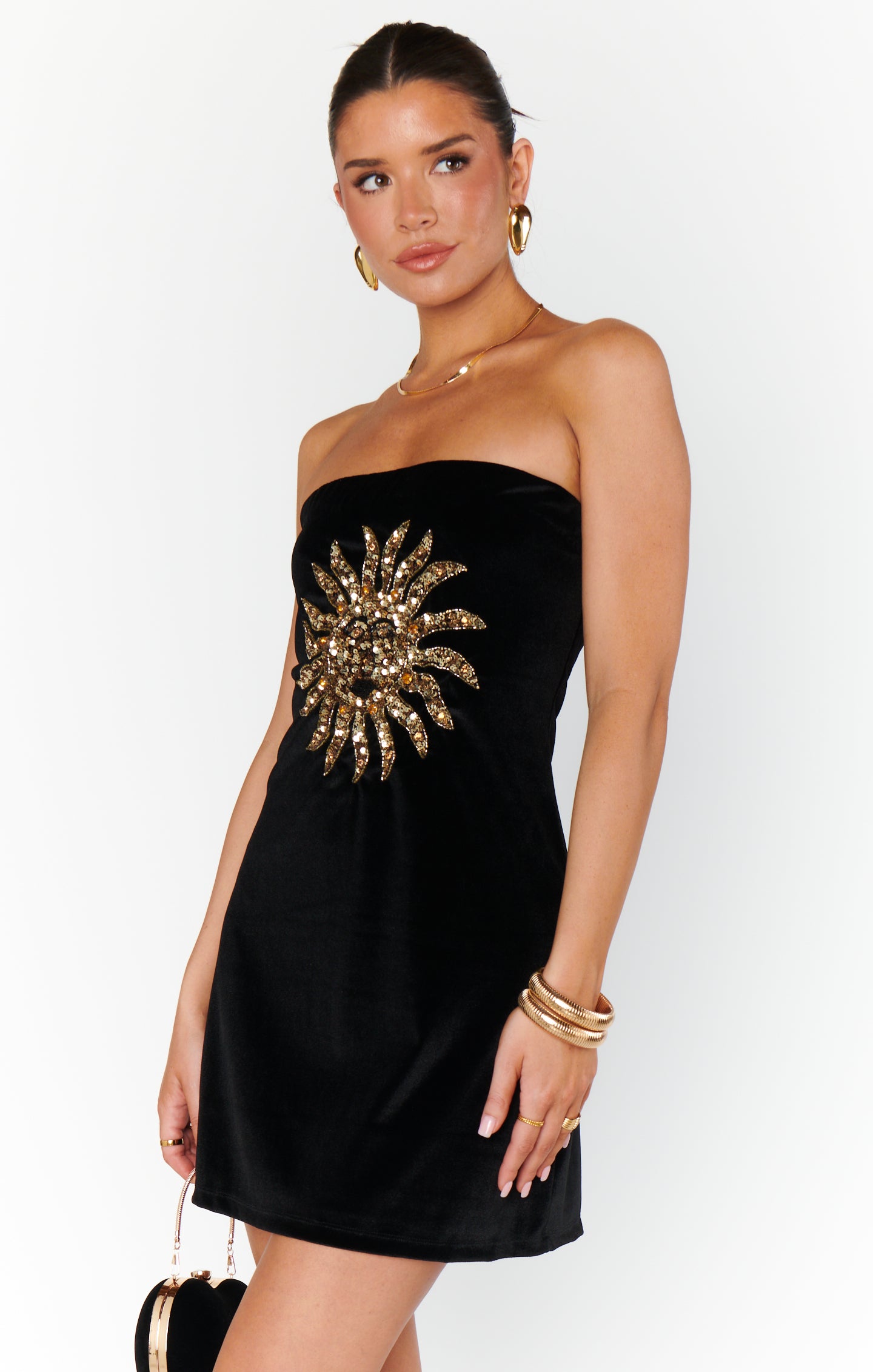 Strapless Velvet Mini Dress with Sequin Sun Design | On My Way