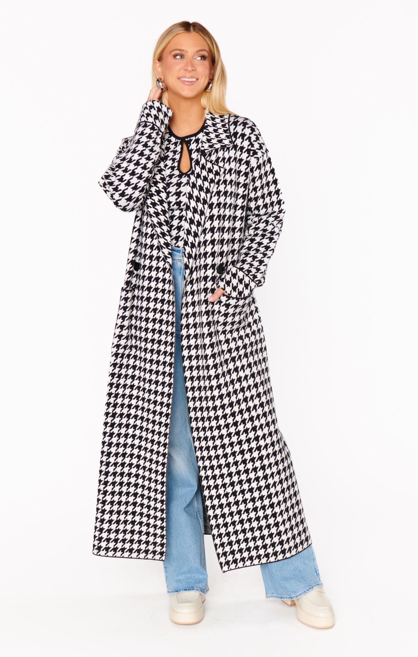 Cozy Houndstooth Sweater Jacket with Notched Lapel | Shasta