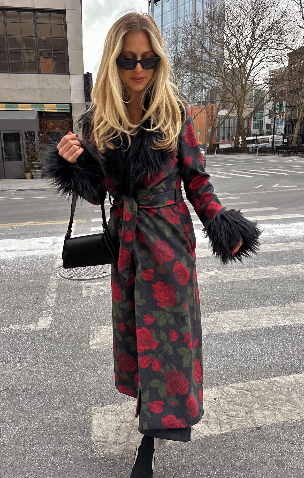 Vintage Rose Print Coat with Faux Fur Trim | Elaine Coat