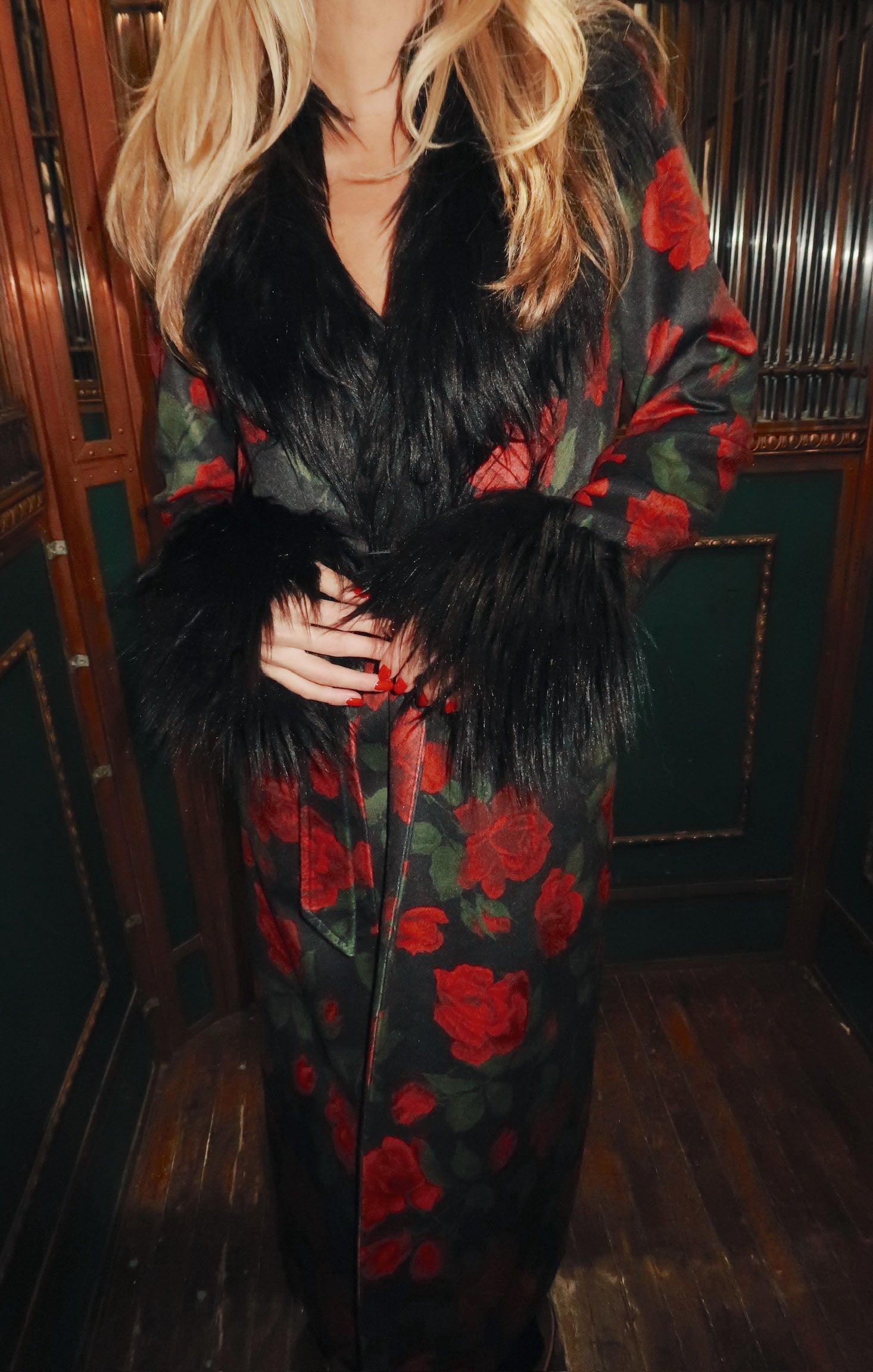 Vintage Rose Print Coat with Faux Fur Trim | Elaine Coat