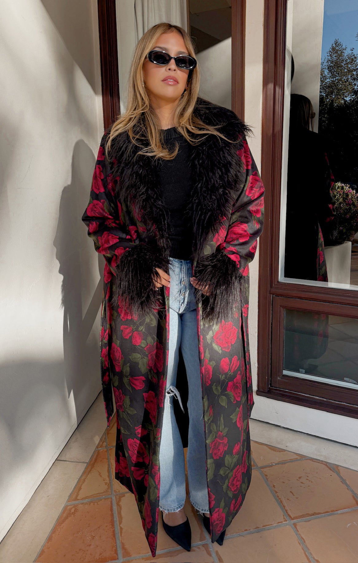 Vintage Rose Print Coat with Faux Fur Trim | Elaine Coat