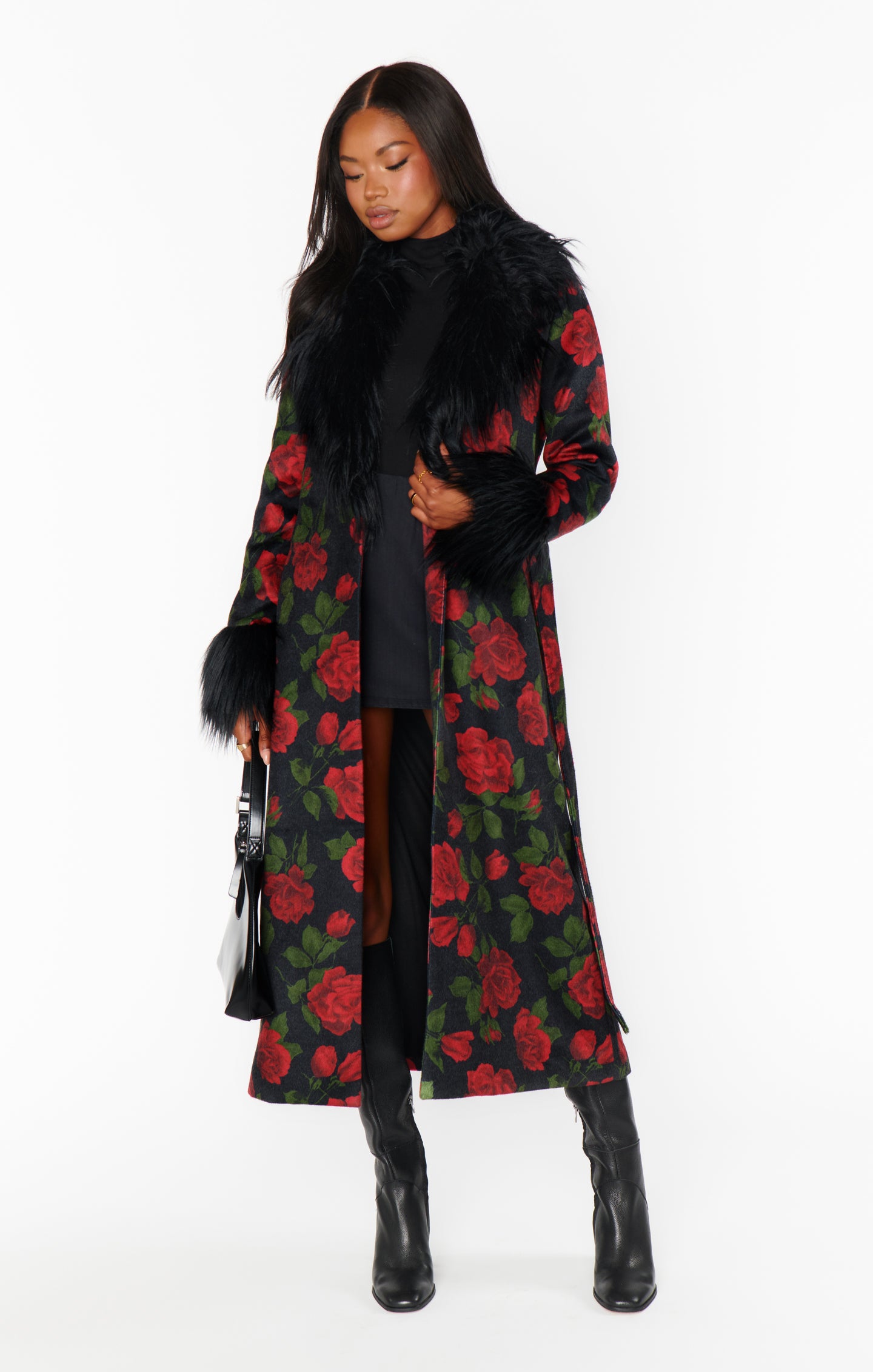 Vintage Rose Print Coat with Faux Fur Trim | Elaine Coat