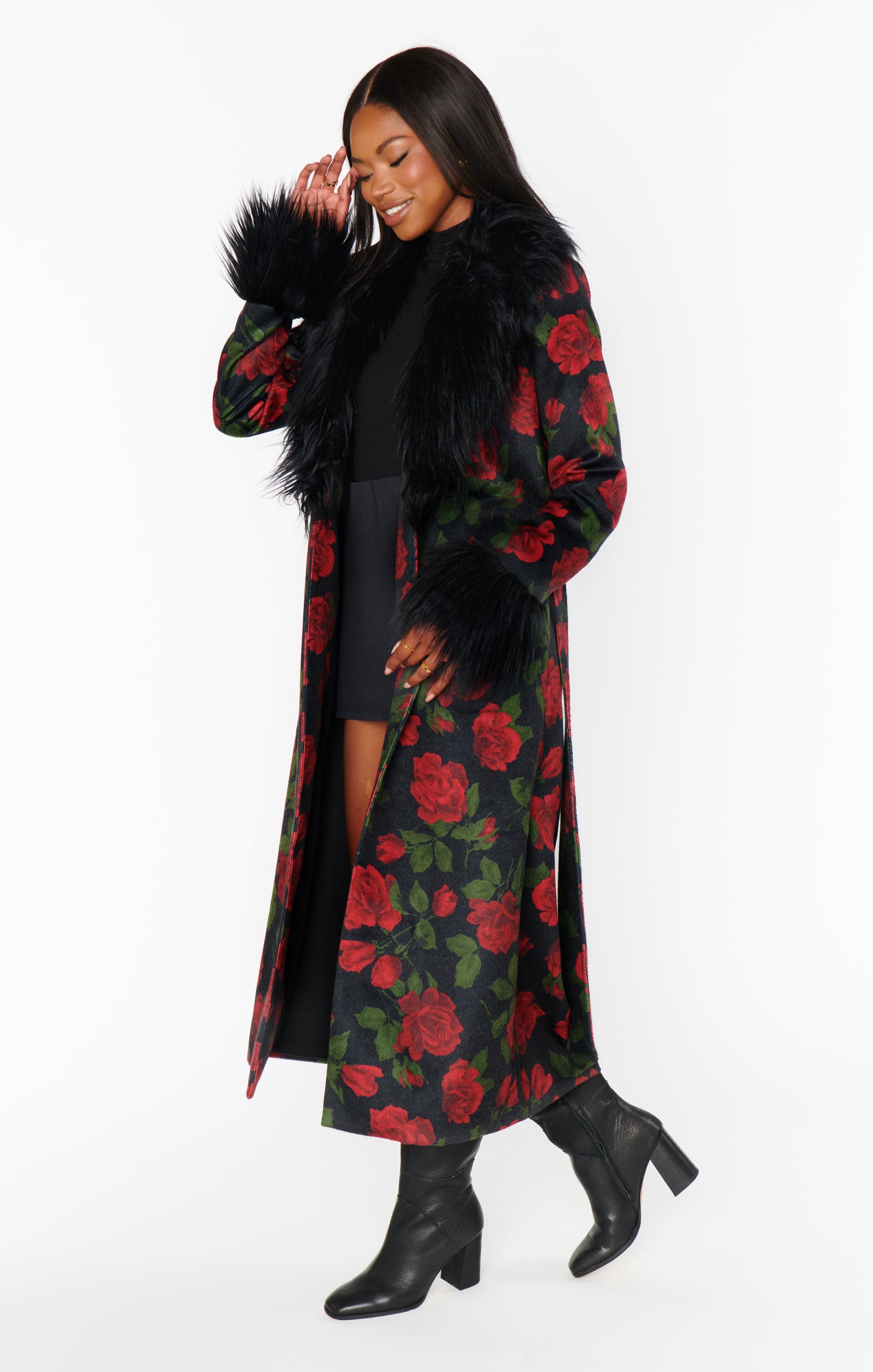 Vintage Rose Print Coat with Faux Fur Trim | Elaine Coat