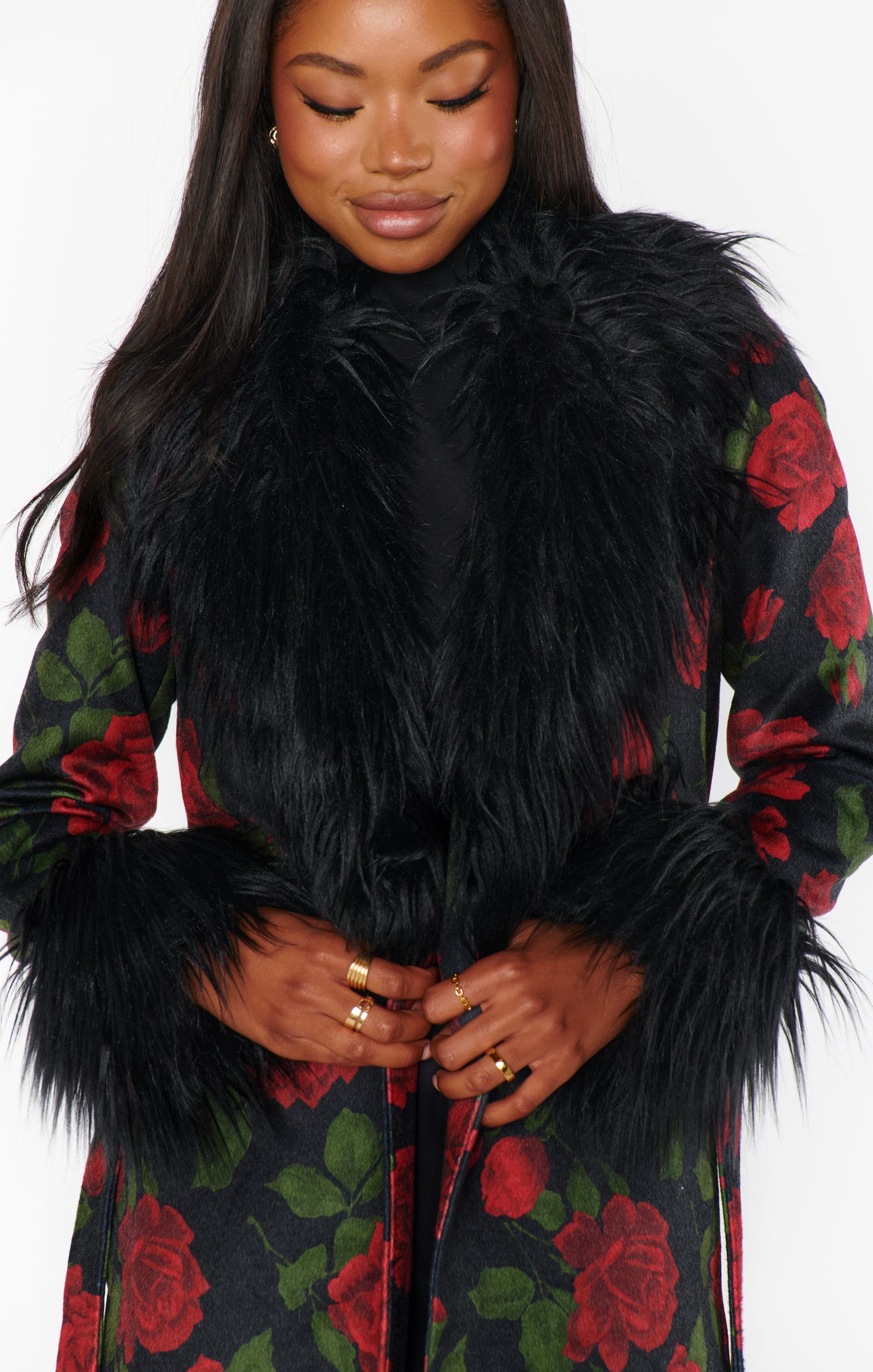 Vintage Rose Print Coat with Faux Fur Trim | Elaine Coat