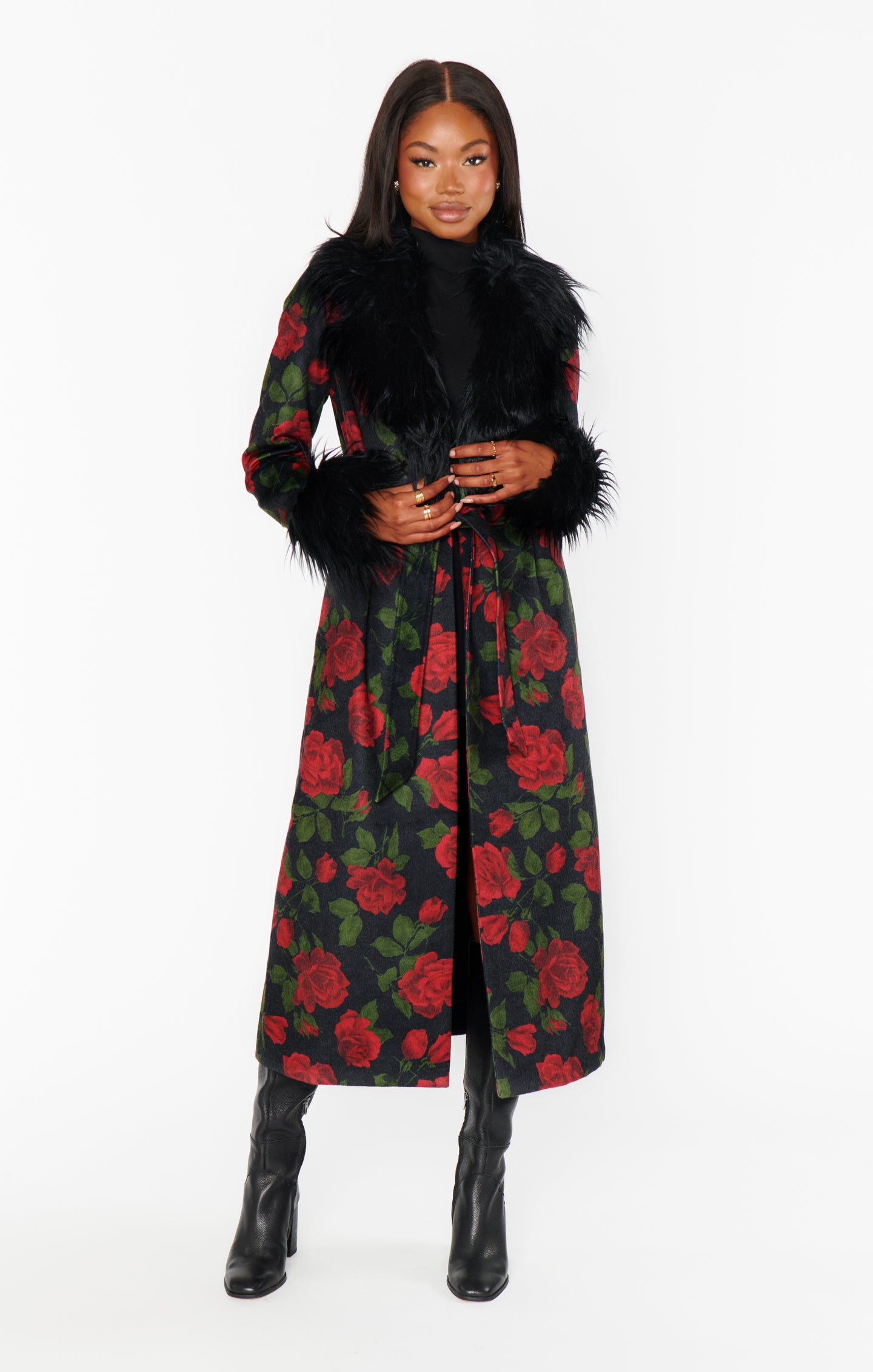 Vintage Rose Print Coat with Faux Fur Trim | Elaine Coat