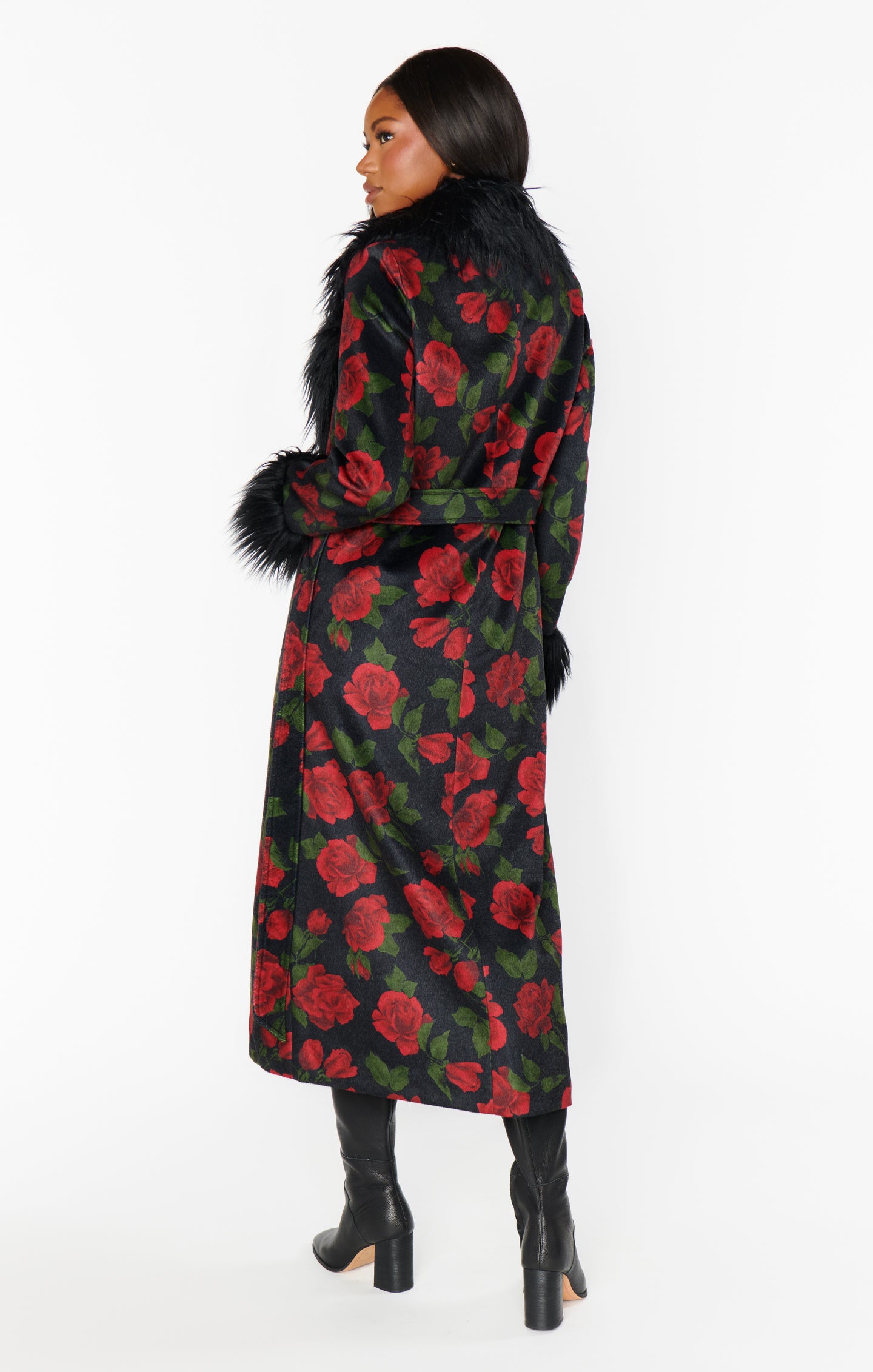 Vintage Rose Print Coat with Faux Fur Trim | Elaine Coat