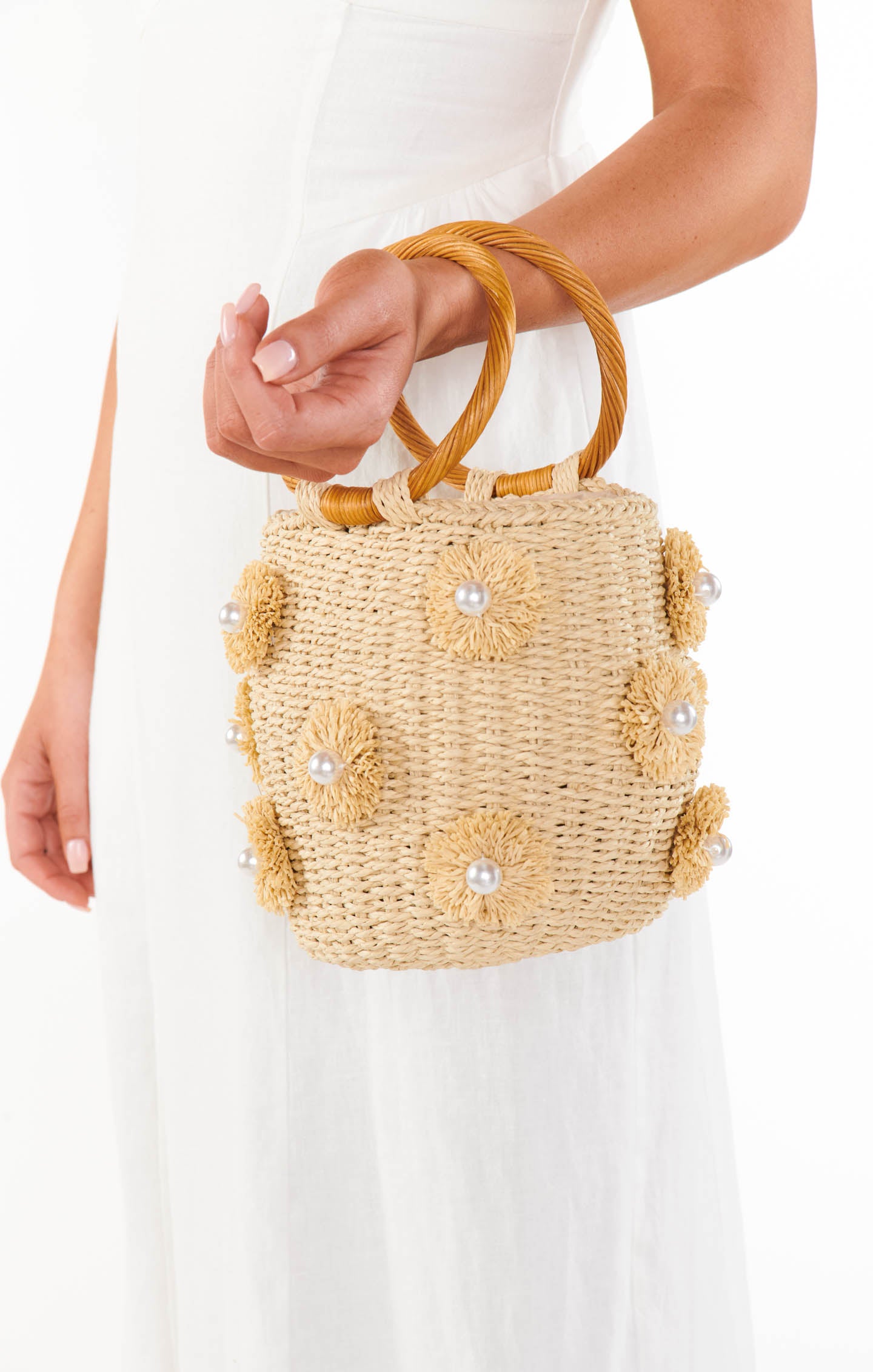 Natural Raffia Straw Bag with Pearl Details | Elia