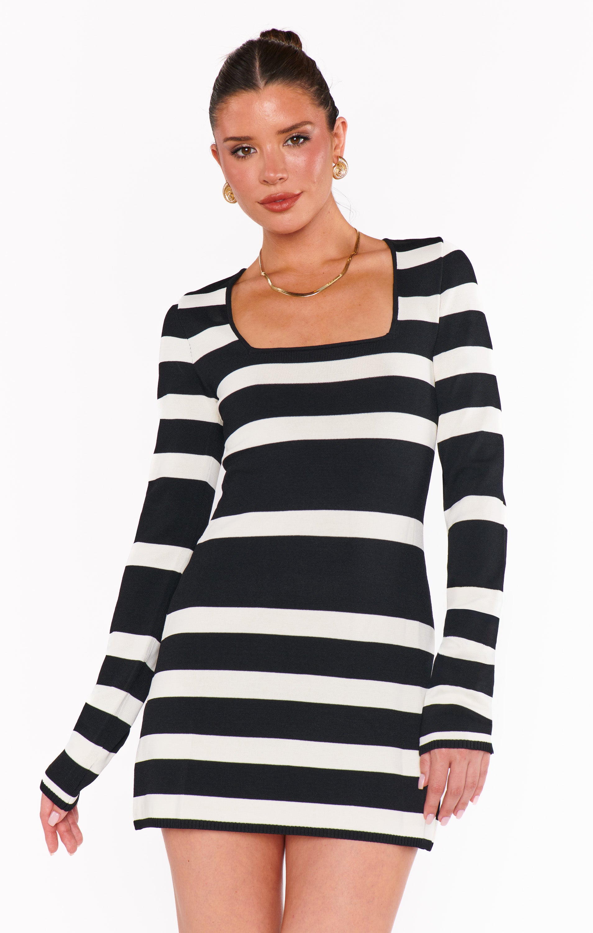 Black & White Striped Mini Dress with Square Neckline | Erika