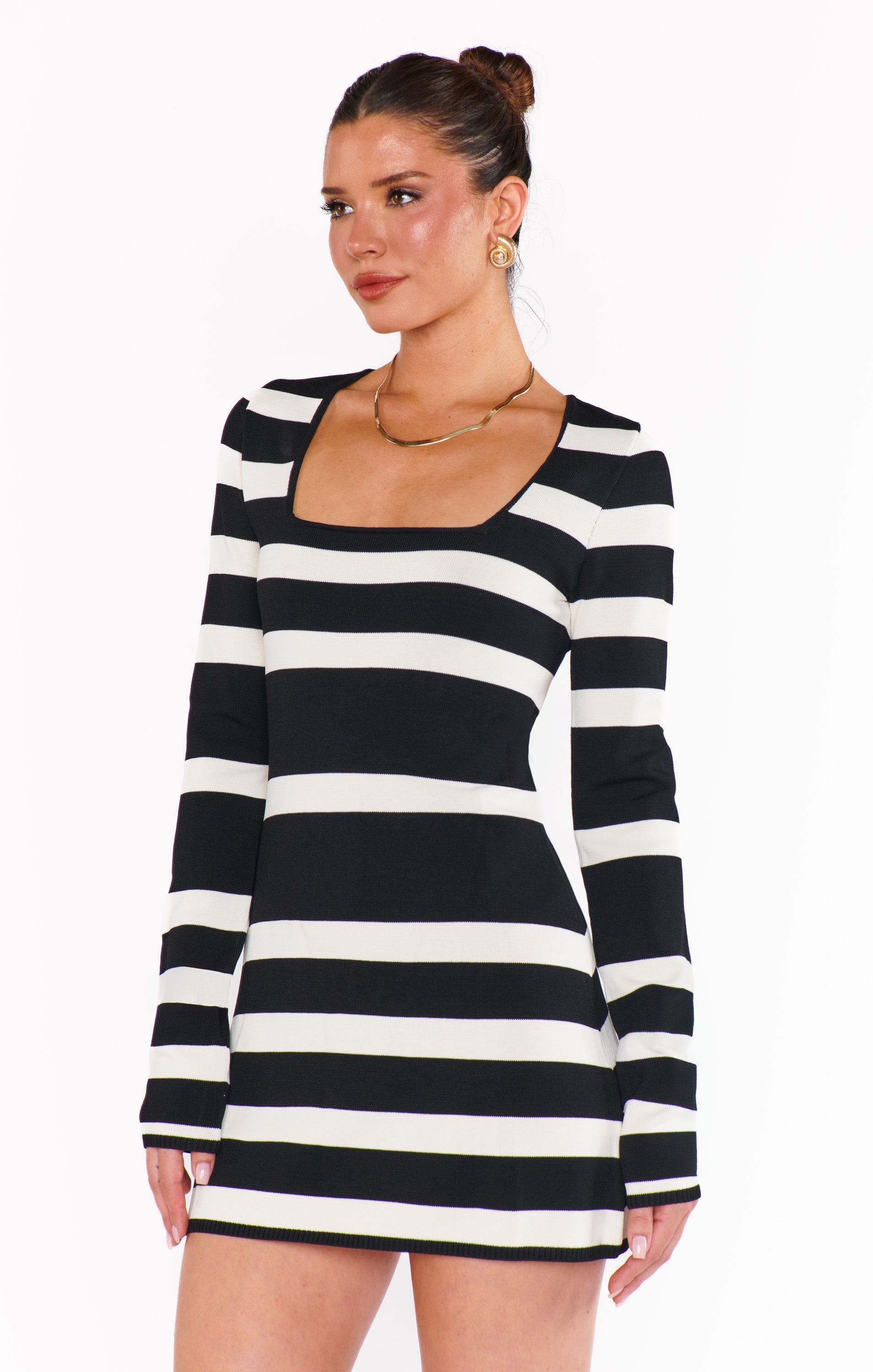 Black & White Striped Mini Dress with Square Neckline | Erika