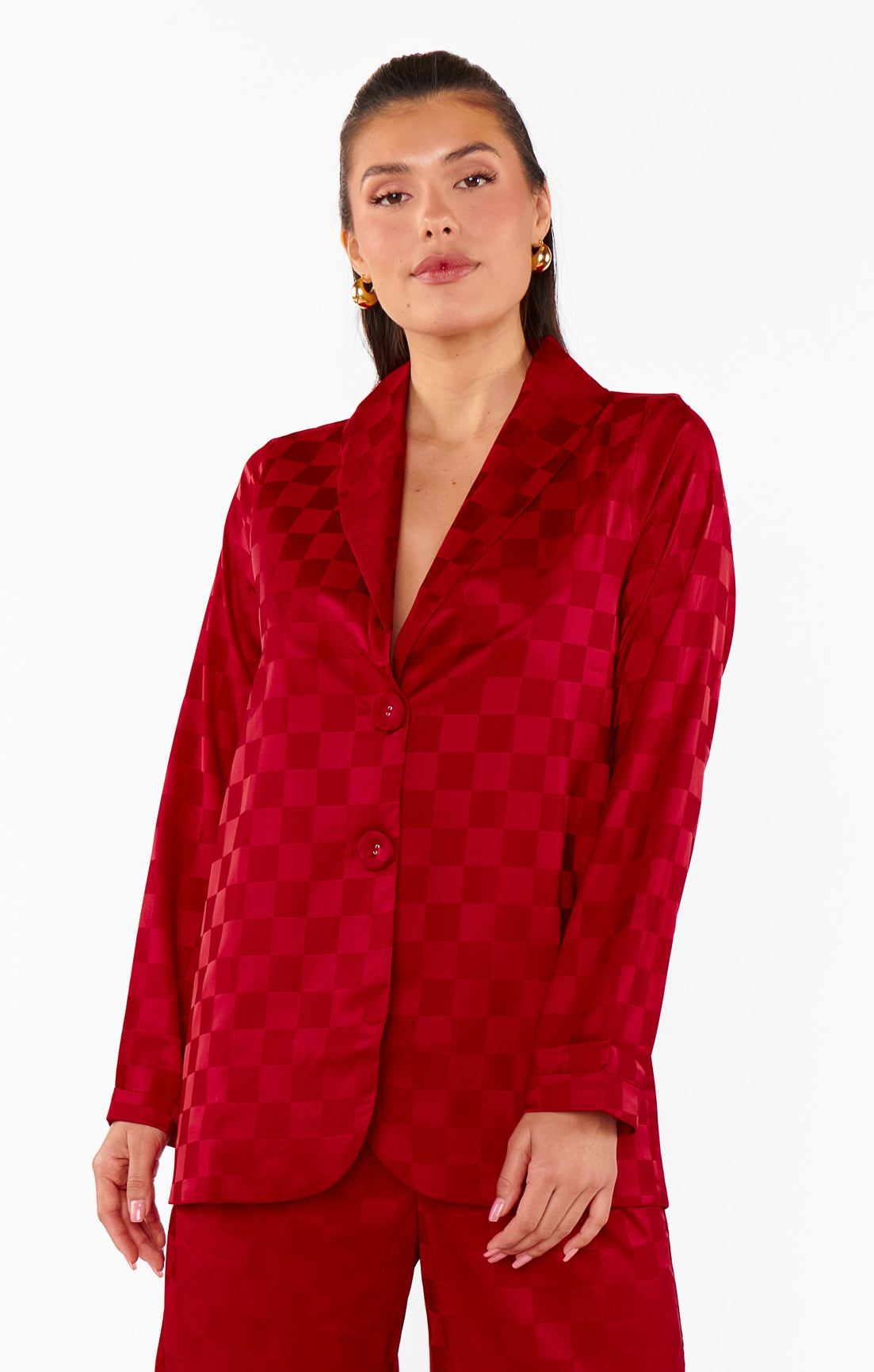 Red Checkerboard Satin Blazer for Women | Felix