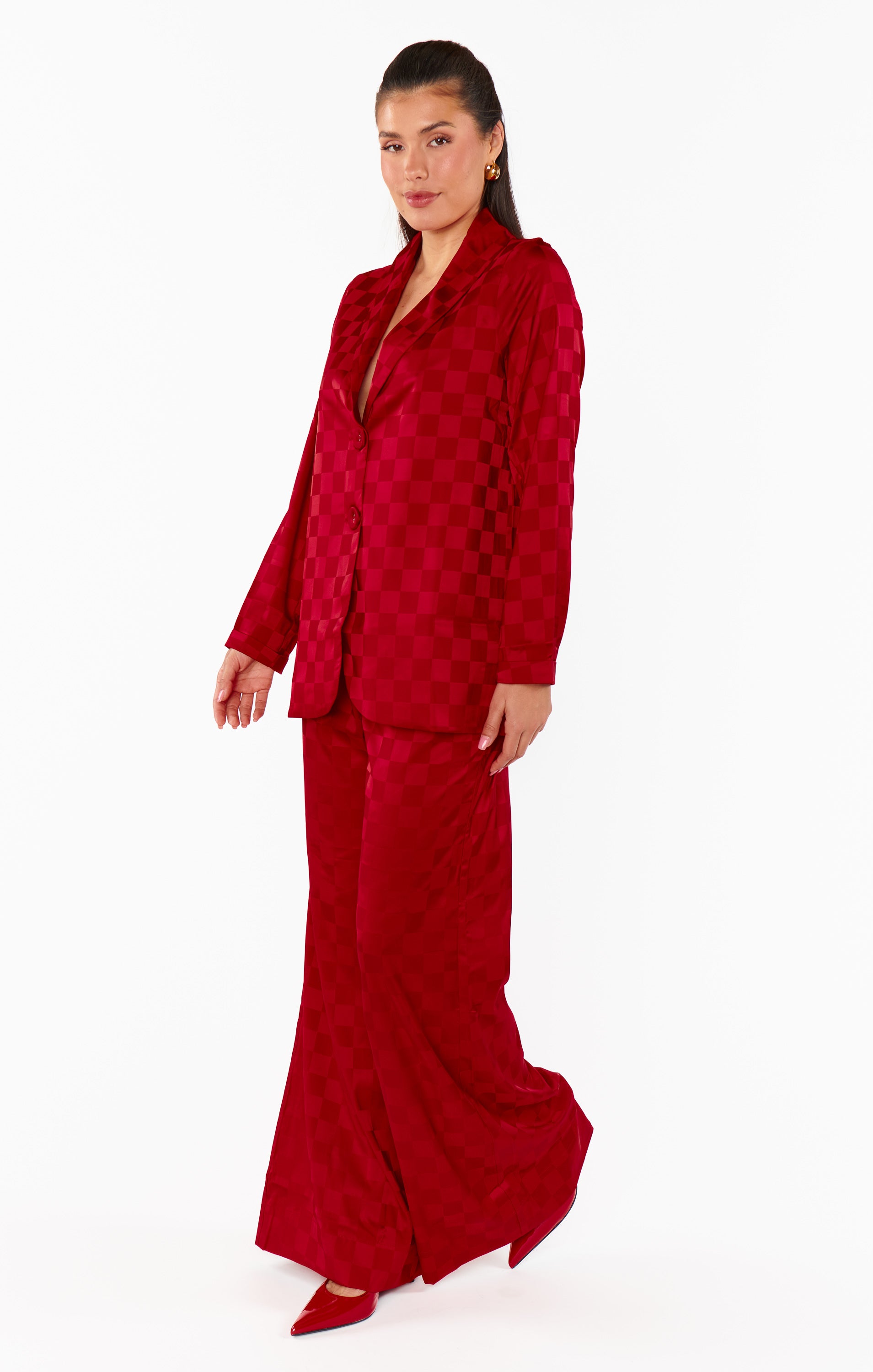 Red Checkerboard Satin Blazer for Women | Felix