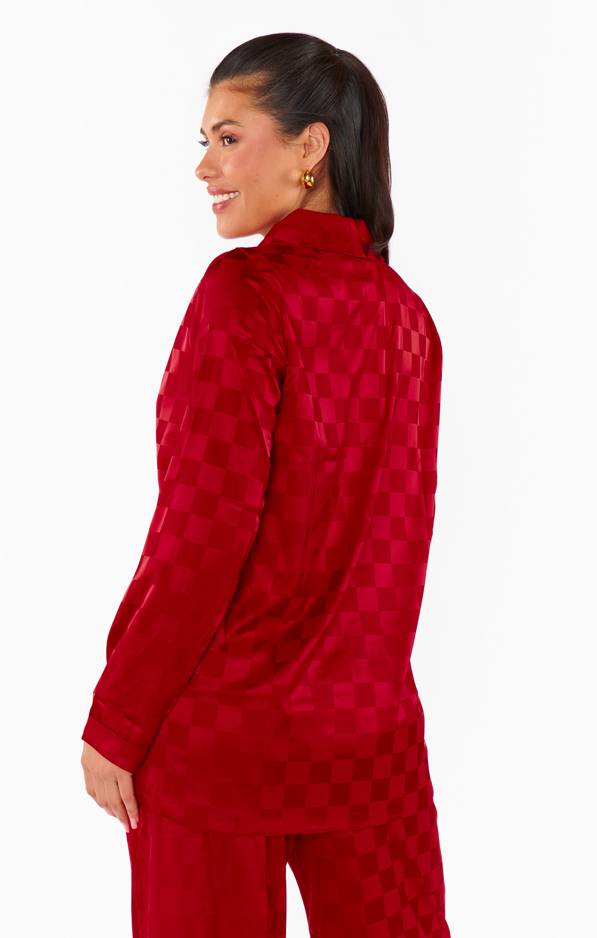 Red Checkerboard Satin Blazer for Women | Felix