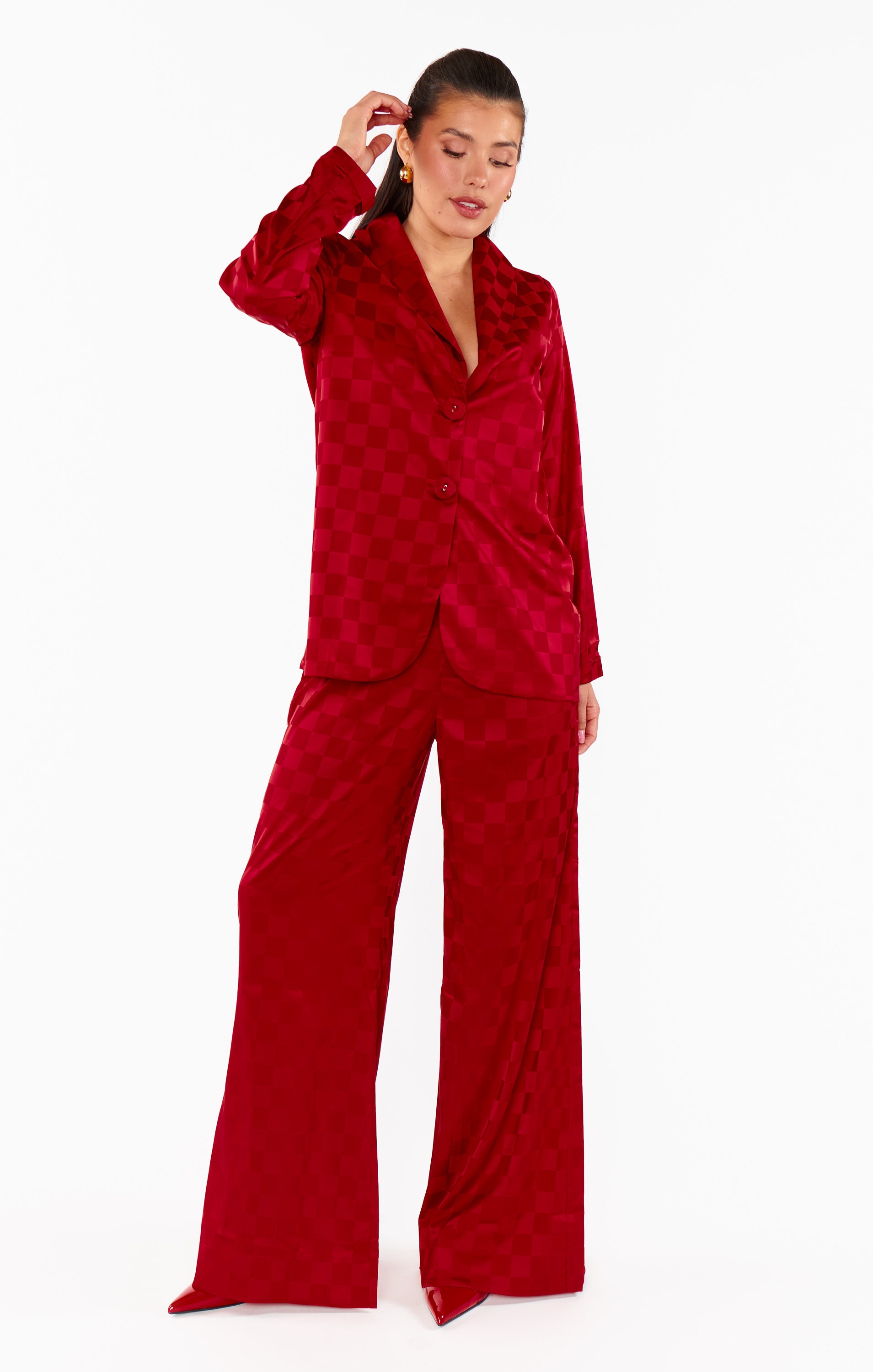 Red Checkerboard Satin Blazer for Women | Felix