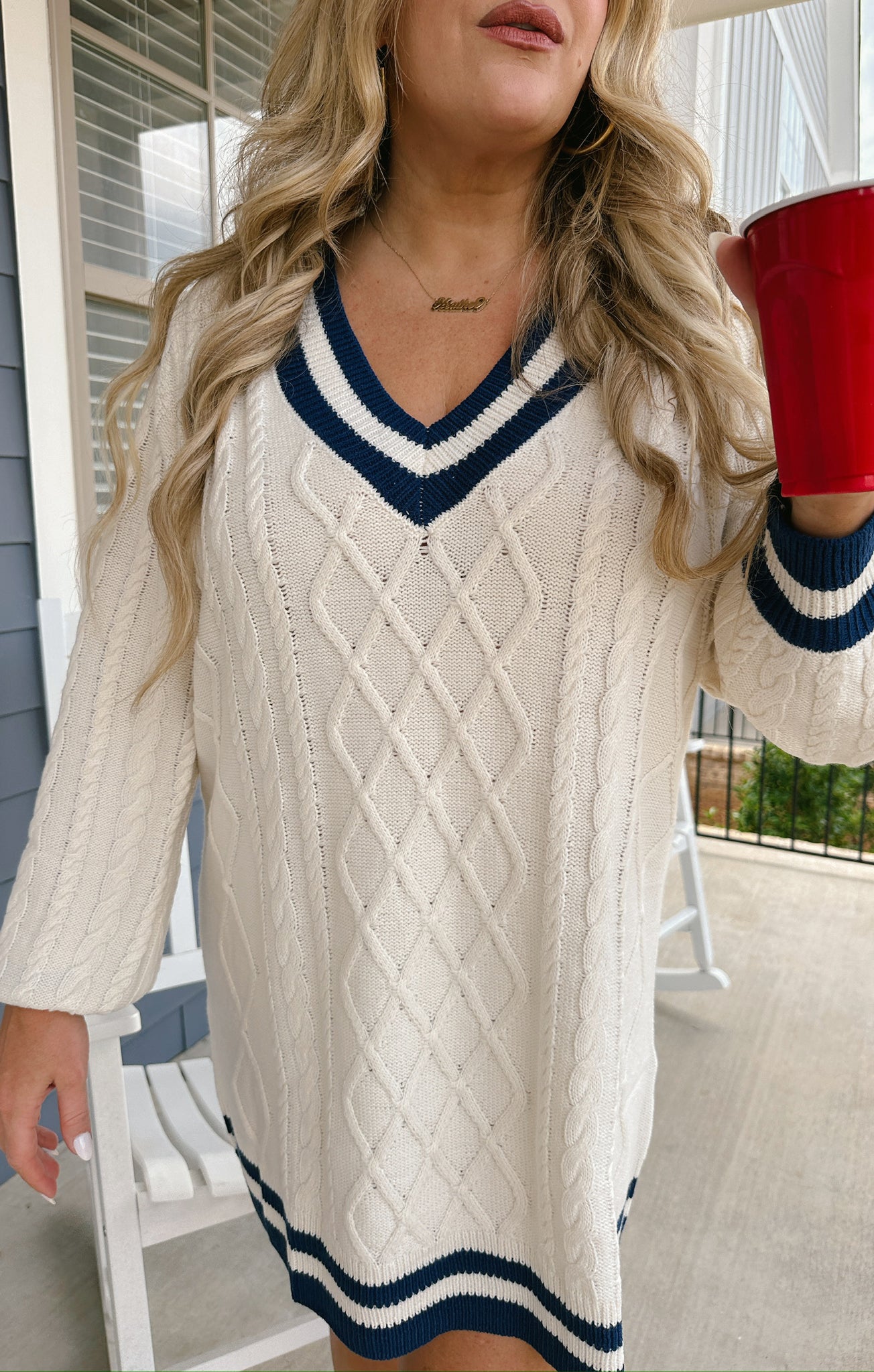 Cozy Cable Knit Sweater Dress for Game Day | Tailgate Navy Mini Dress