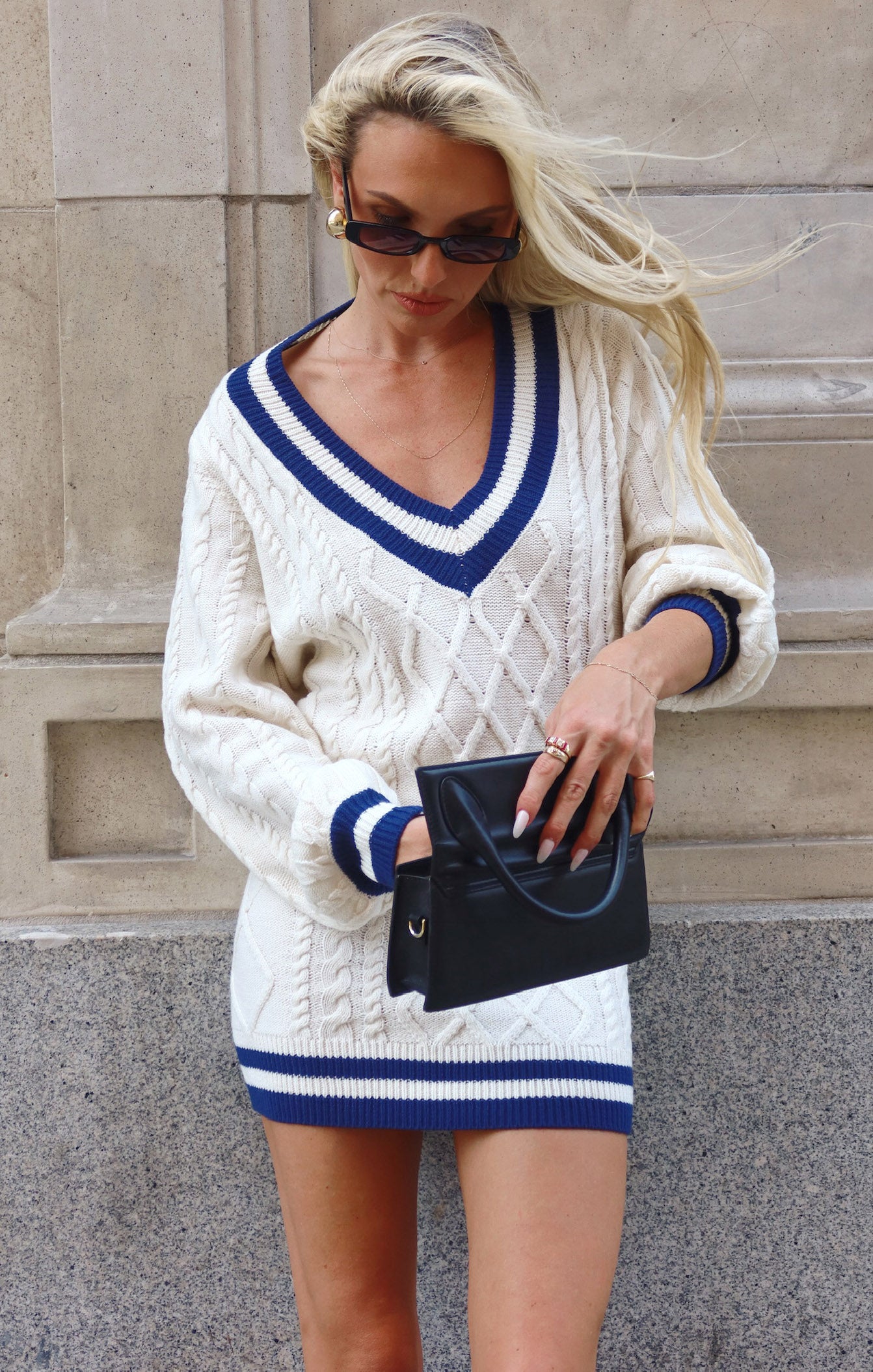Cozy Cable Knit Sweater Dress for Game Day | Tailgate Navy Mini Dress