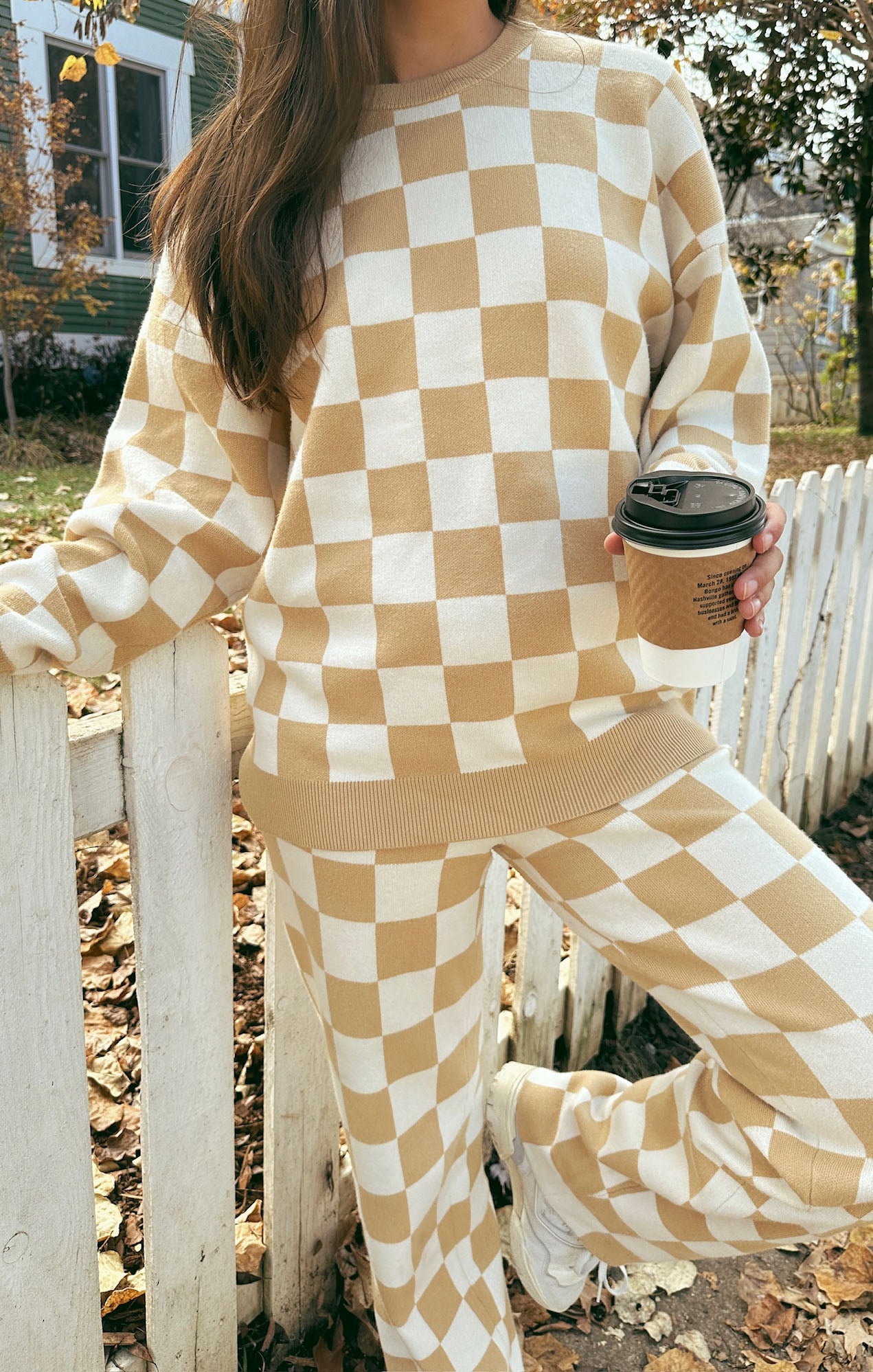 Oversized Tan Checker Knit Sweater with Puff Sleeves | Scout