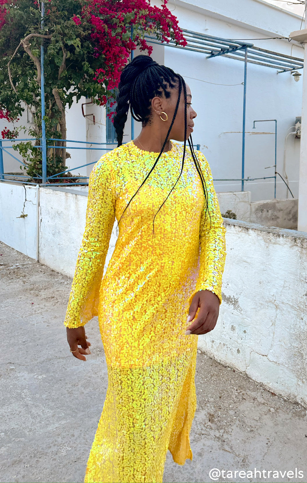 Yellow Sequin Midi Dress with Long Sleeves | Calypso