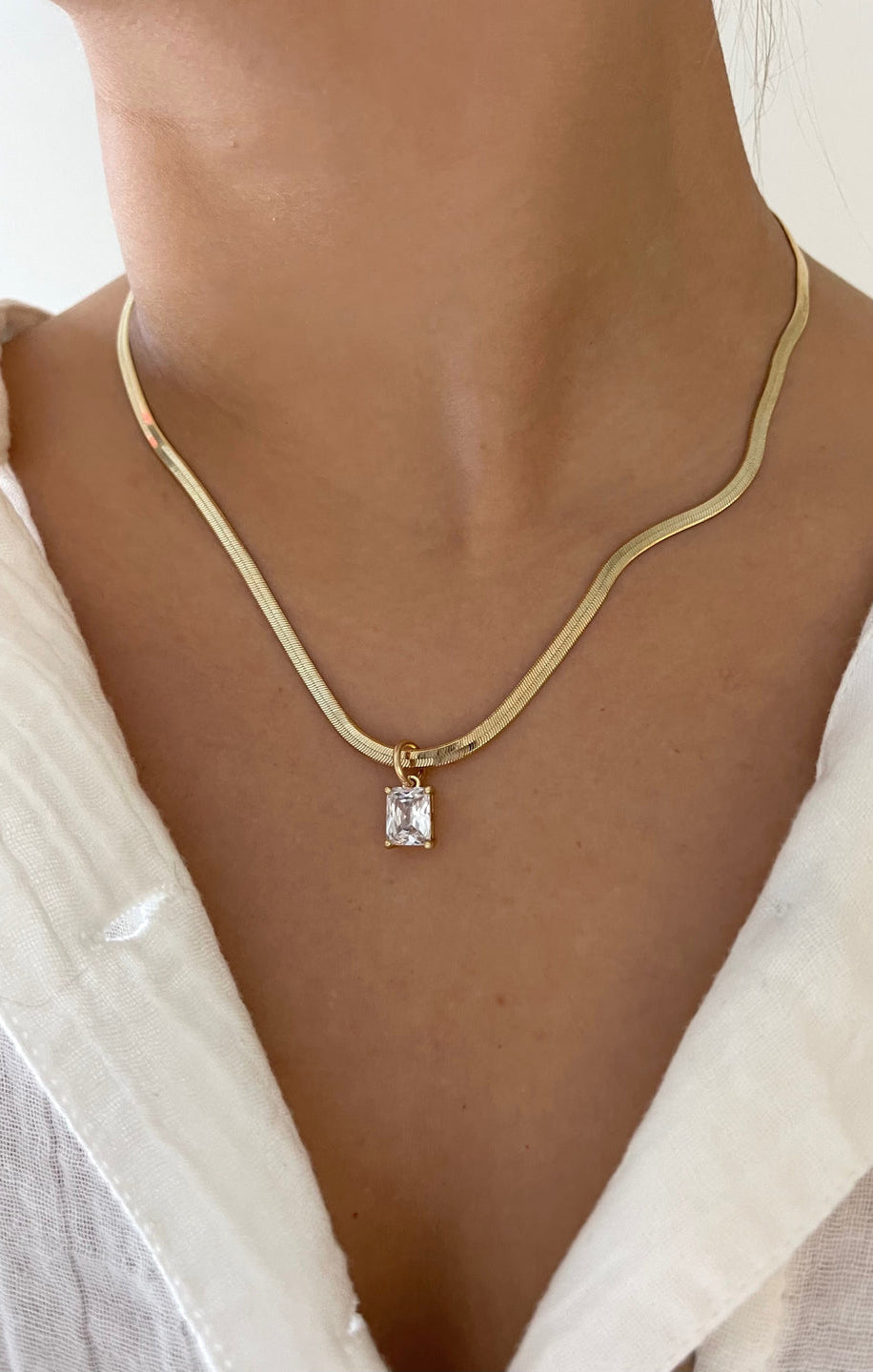 Gold CZ Baguette Charm Necklace with Snake Chain | ALV Jewels