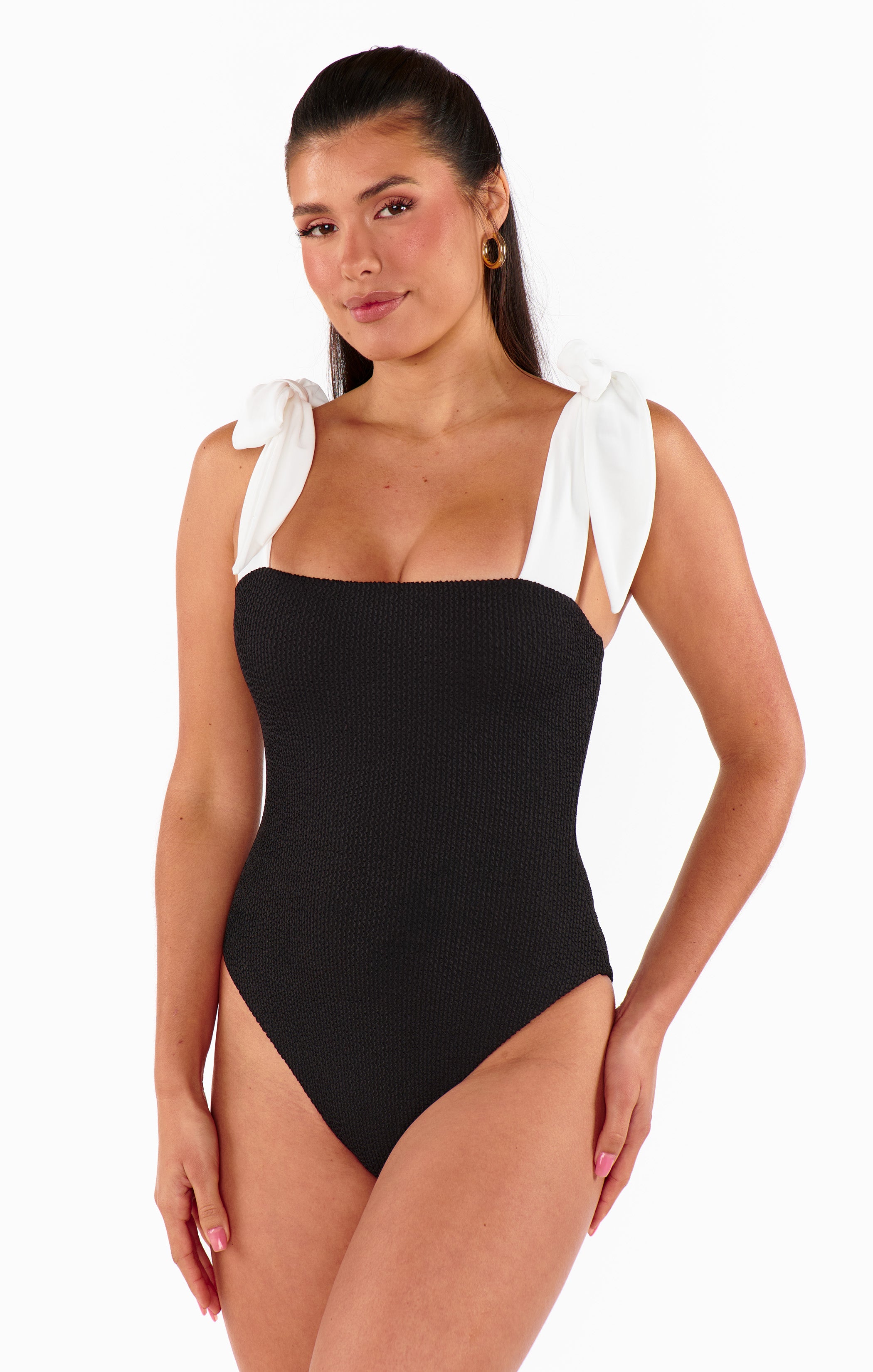 Black Scrunch One-Piece Swimsuit with White Bow | Hudson